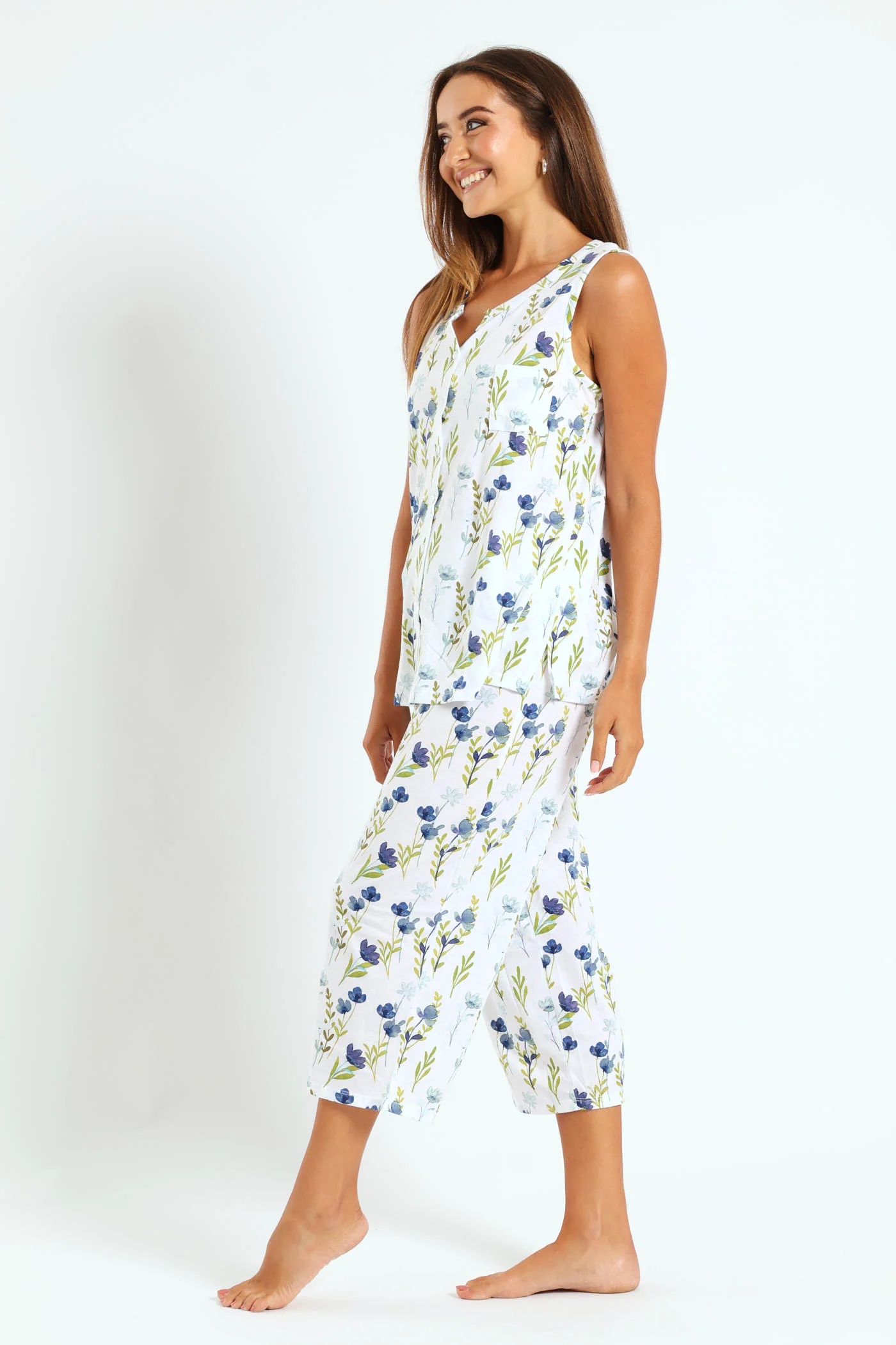 Blue Flower Button Through & Capri Knit Set  - White - Image 3