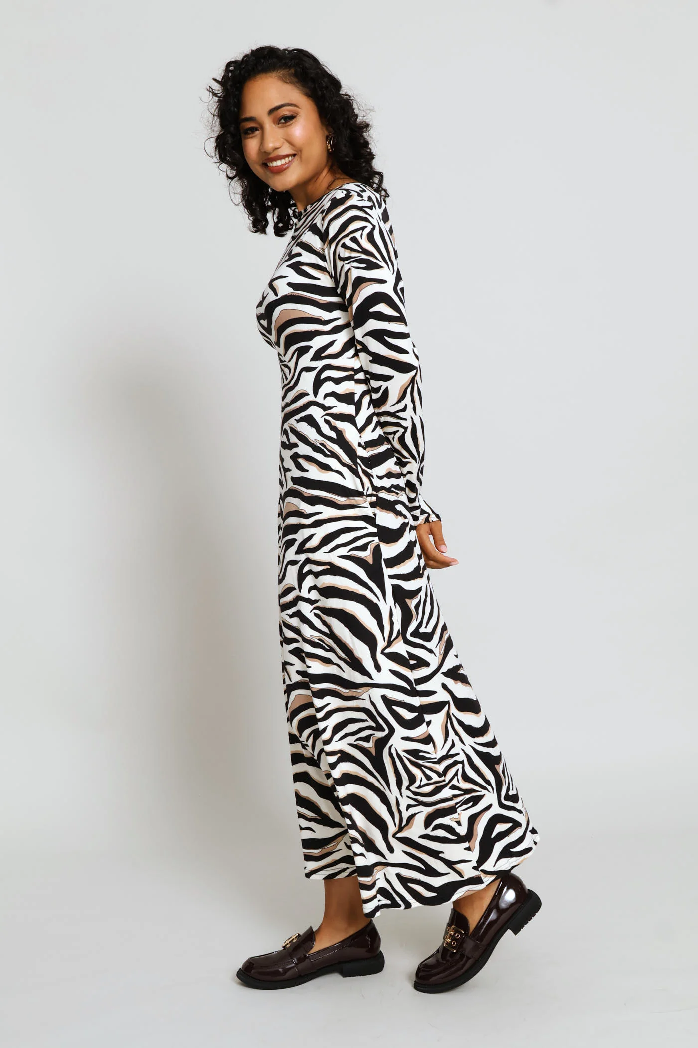 Boat Neck Printed A-Line Midaxi Dress - Stone - Image 3