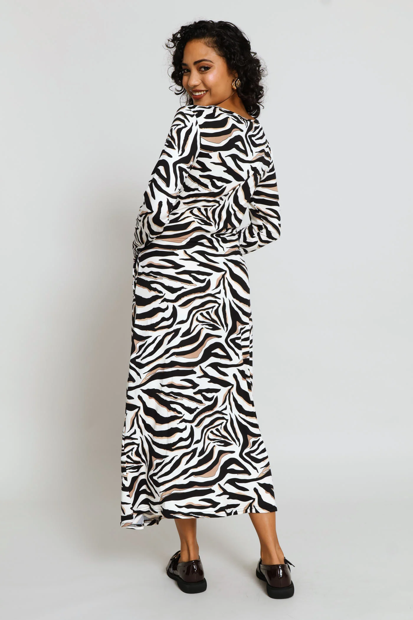 Boat Neck Printed A-Line Midaxi Dress - Stone - Image 4