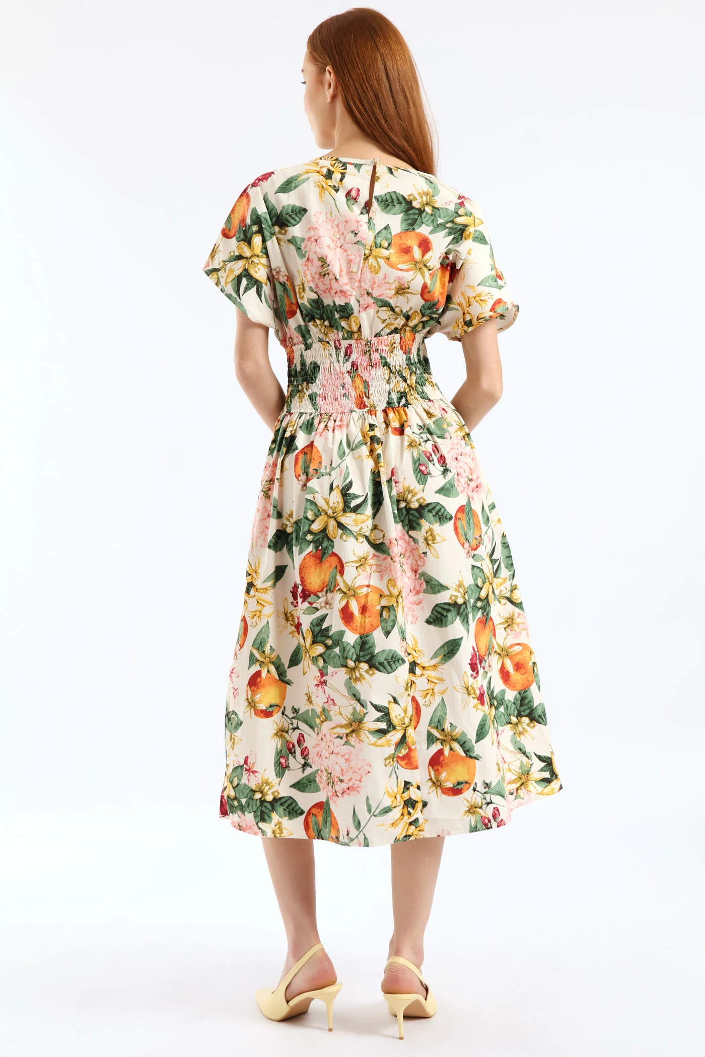 Boat Neck Shirred Waist Garden Floral Midi Dress - White - Image 2