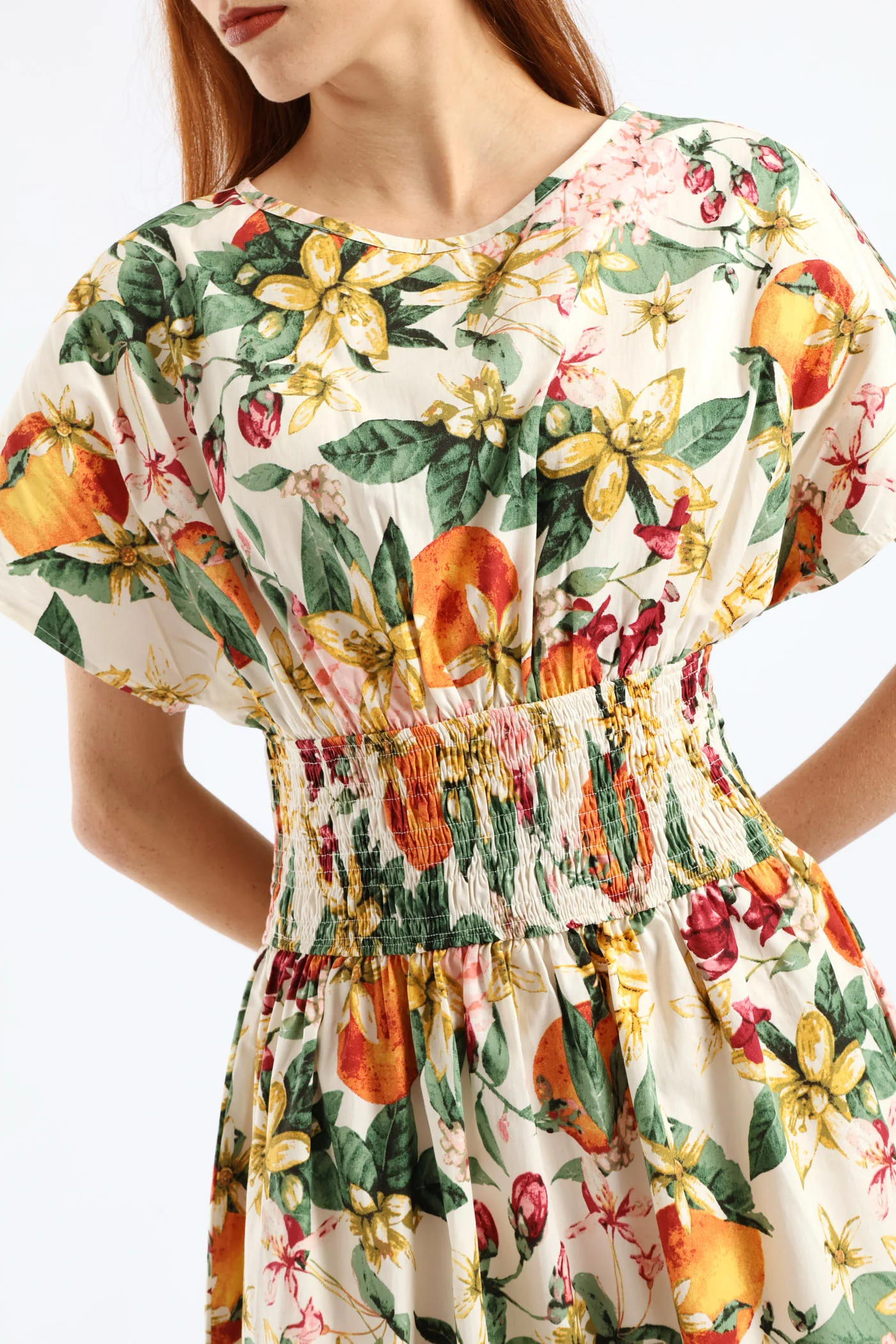 Boat Neck Shirred Waist Garden Floral Midi Dress - White - Image 3
