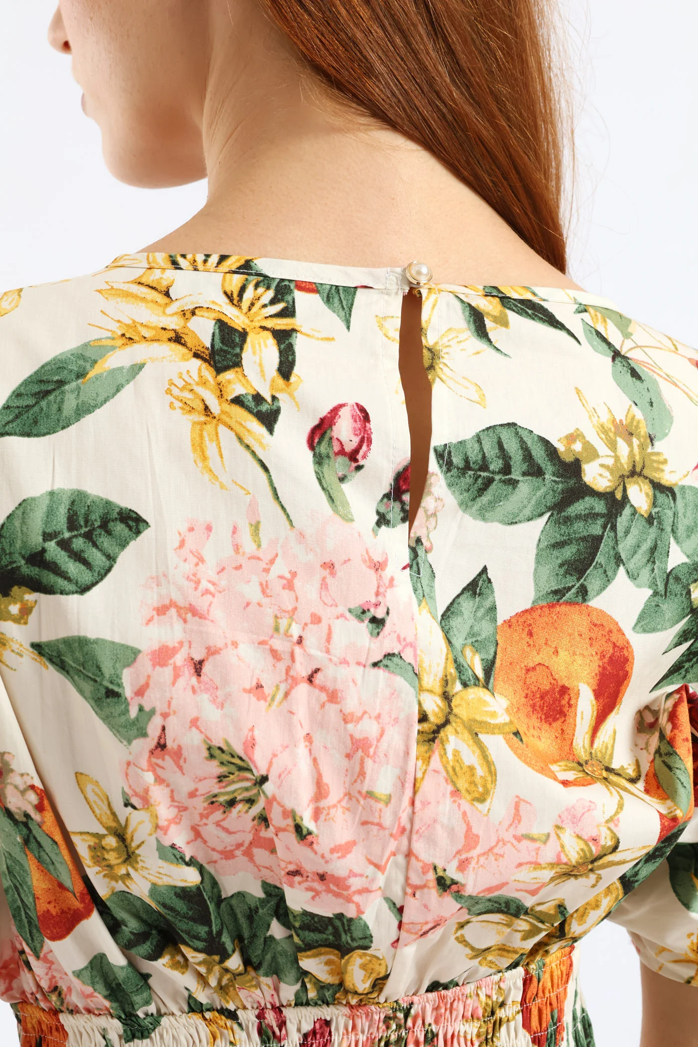 Boat Neck Shirred Waist Garden Floral Midi Dress - White - Image 4
