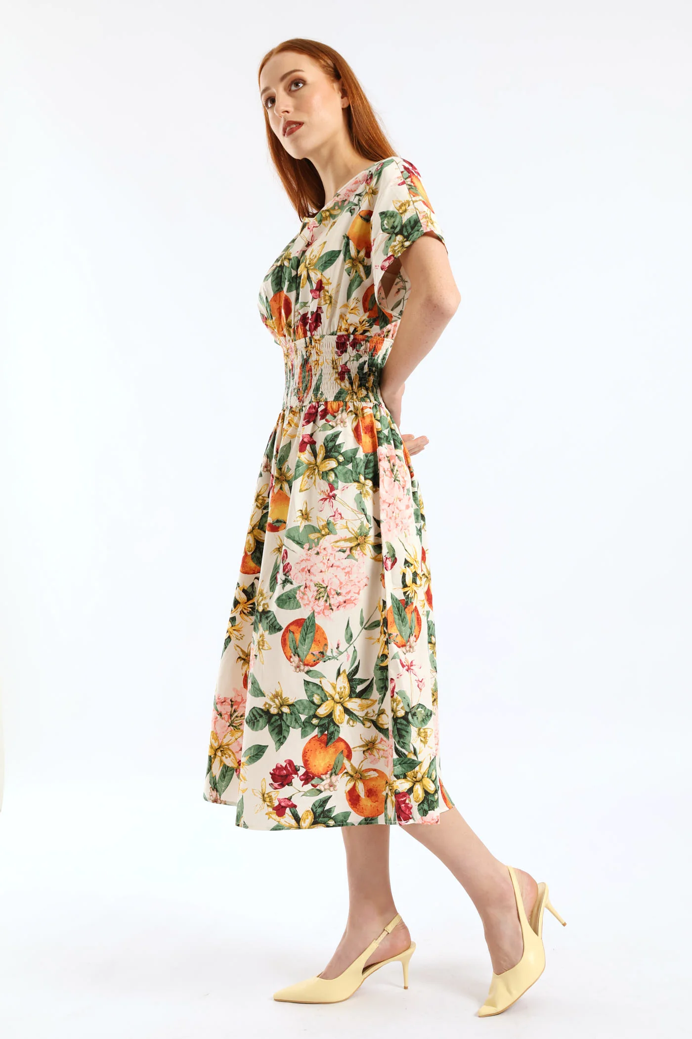 Boat Neck Shirred Waist Garden Floral Midi Dress - White - Image 5