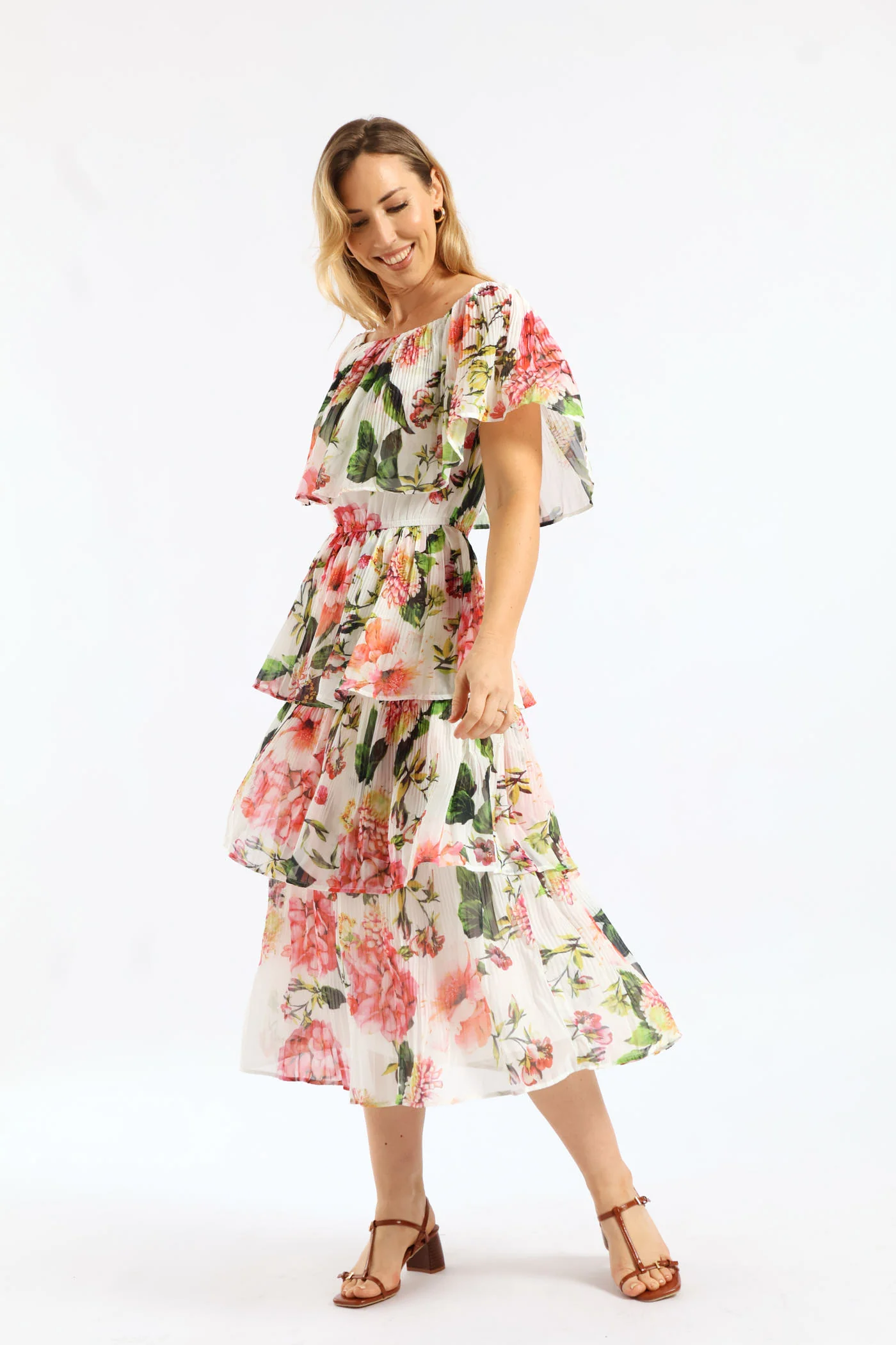 Boatneck Permanent Crease Floral Printed Maxi Dress - Multi - Image 2