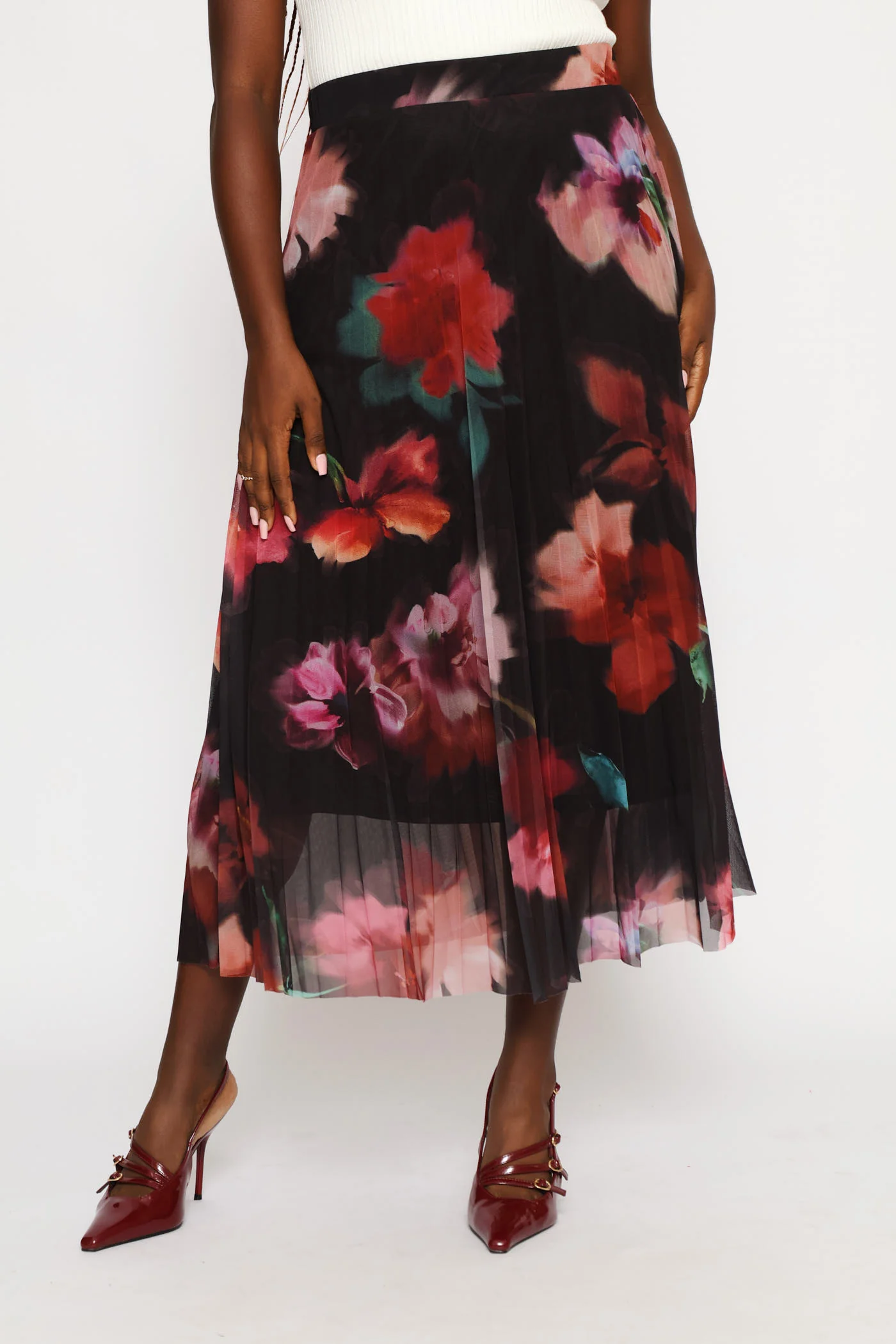 Bold Floral Mesh Midi Skirt - Black - Image 3