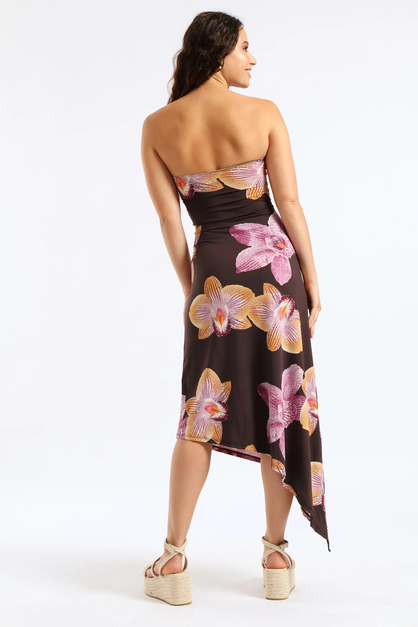 Bold Floral Skin Tight Boobtube Midi Dress - Chocolate - Image 2