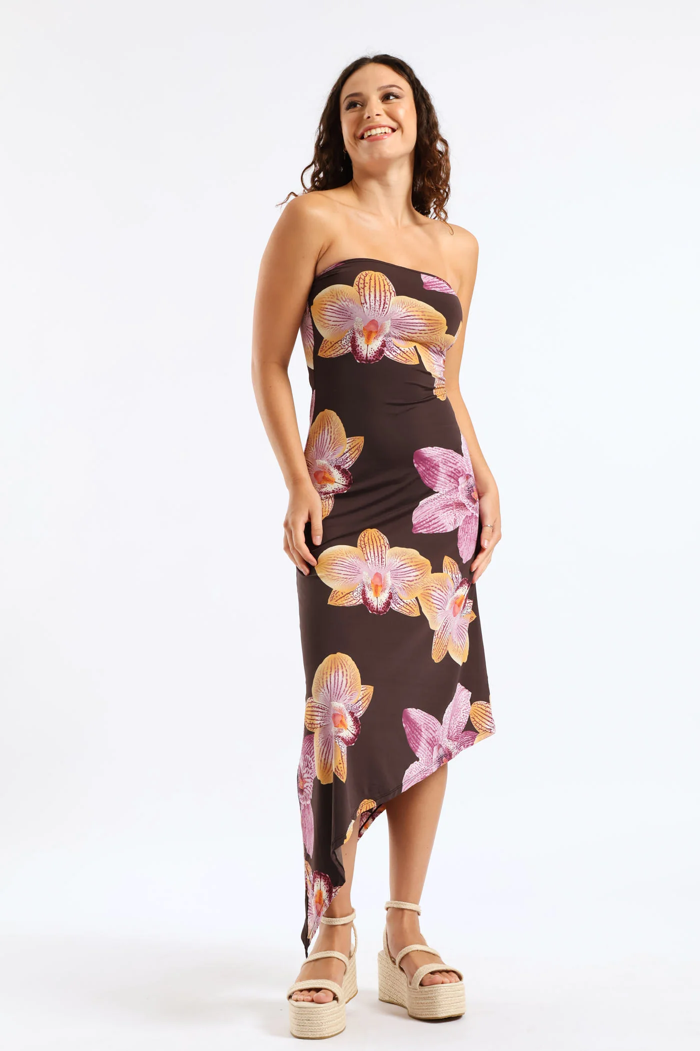Bold Floral Skin Tight Boobtube Midi Dress - Chocolate - Image 3