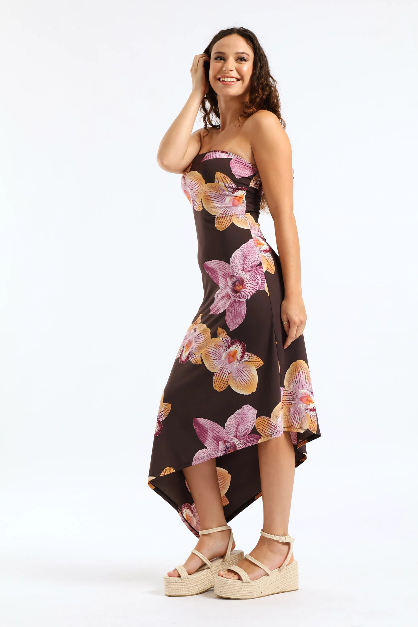 Bold Floral Skin Tight Boobtube Midi Dress - Chocolate - Image 4