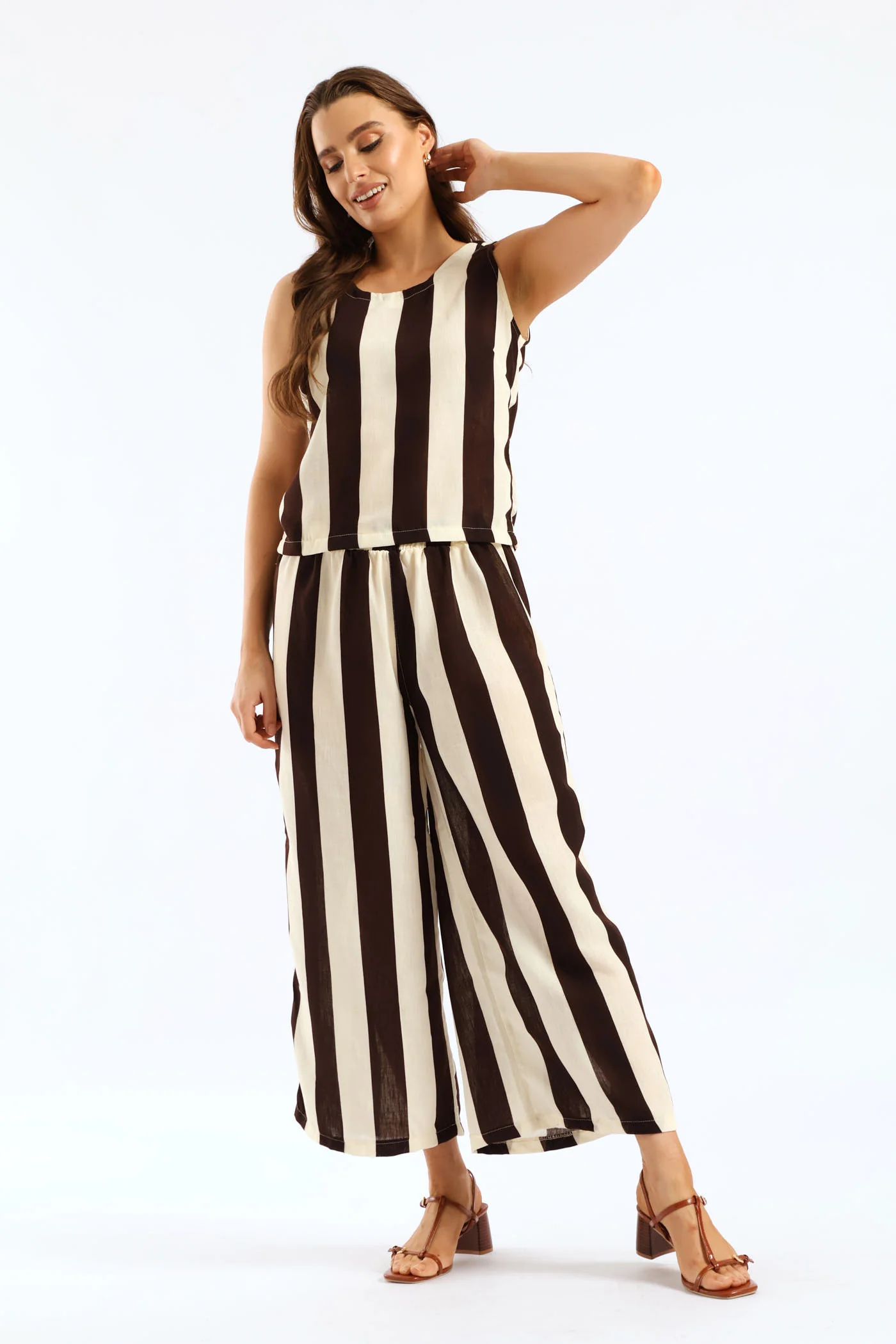 Bold Vertical Stripe Scoop Back Shell Tank - Cream/Chocolate - Image 3
