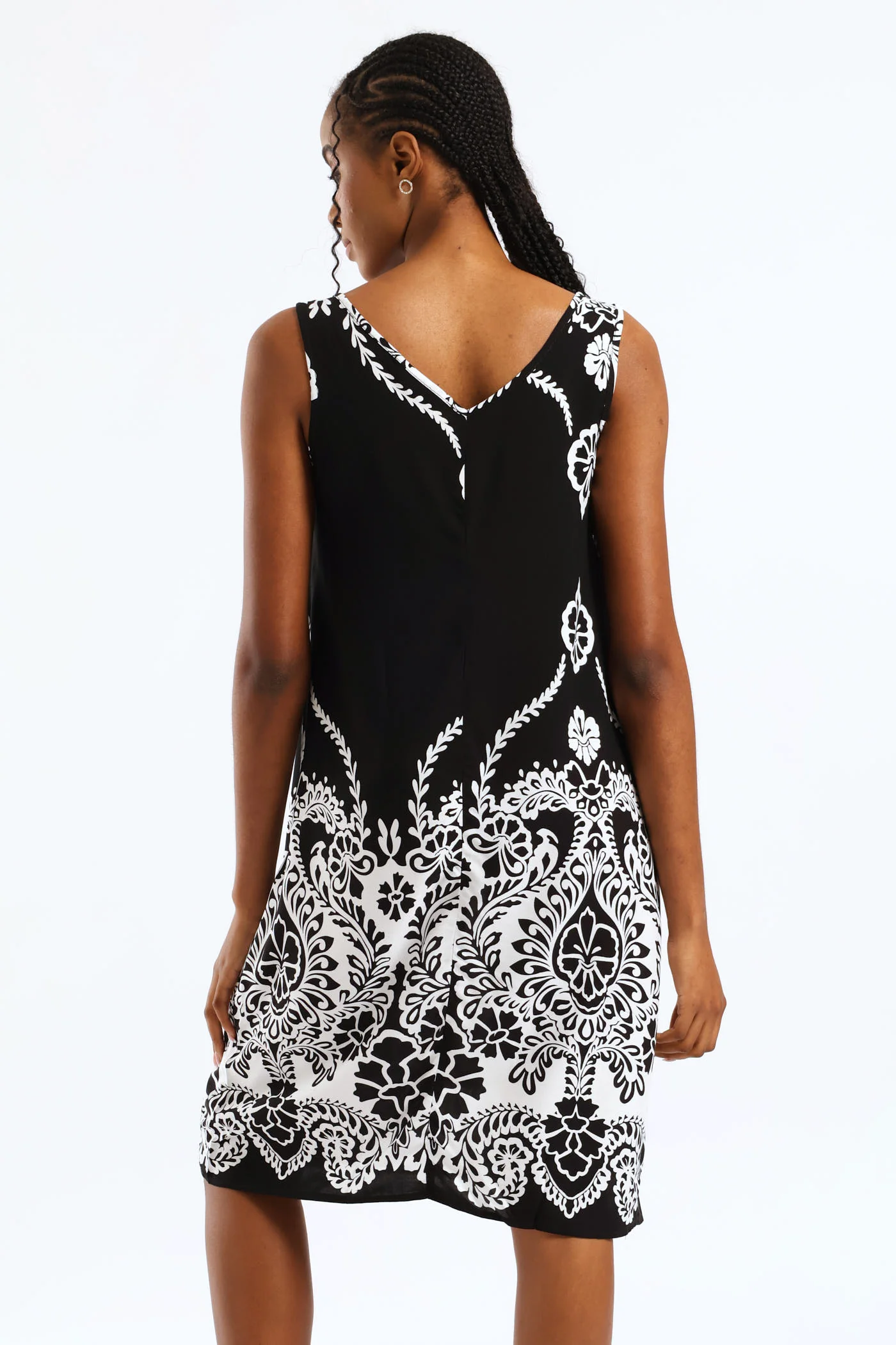 Border Print Detail Printed Shift Dress - Black/White - Image 3