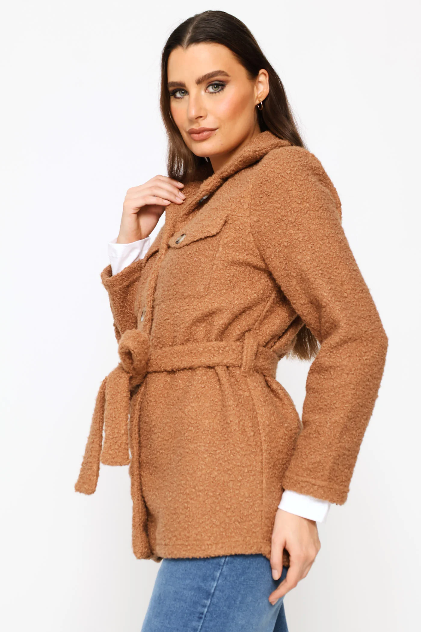 Boucle Belted Utility Shacket - Cognac - Image 3