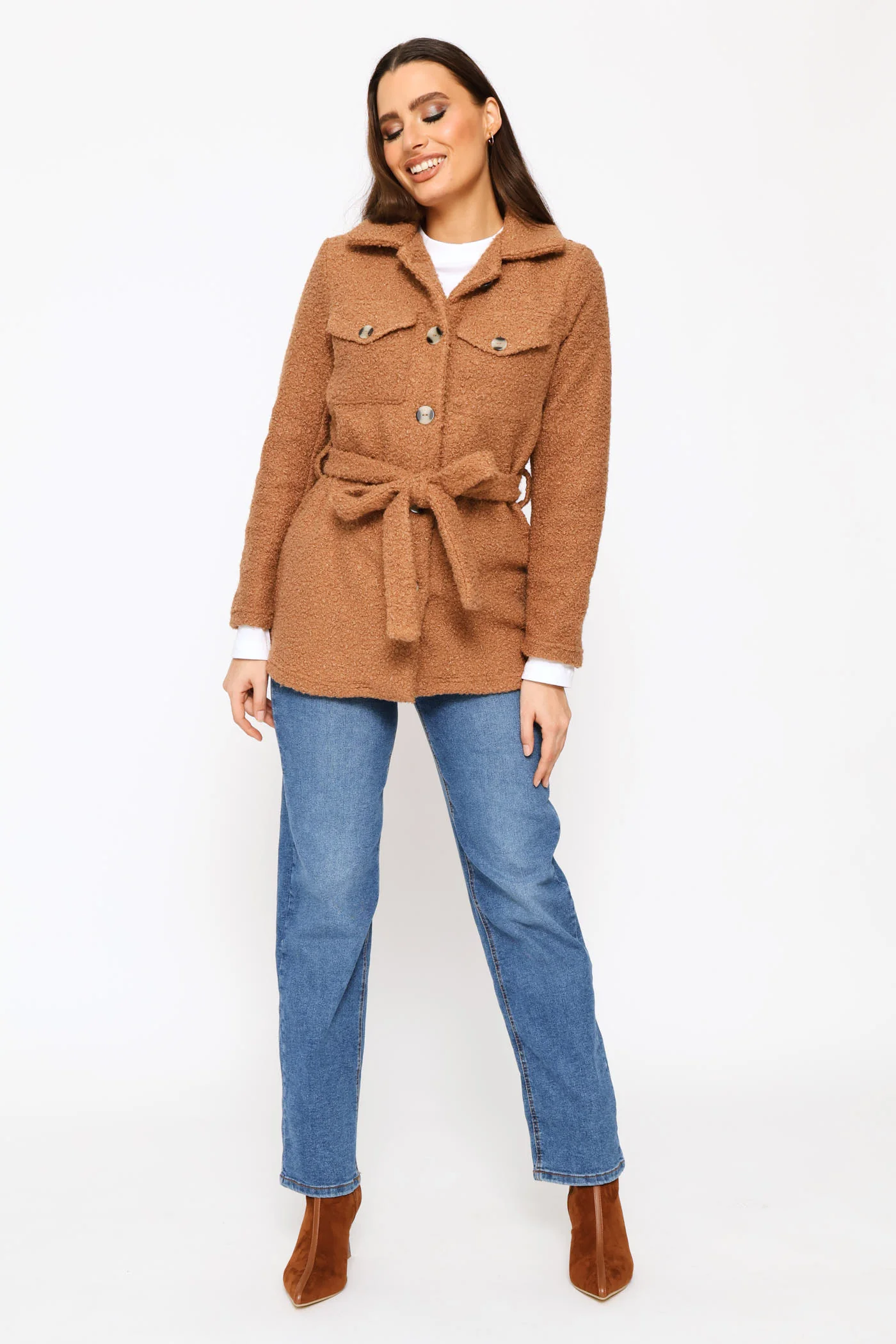 Boucle Belted Utility Shacket - Cognac - Image 5