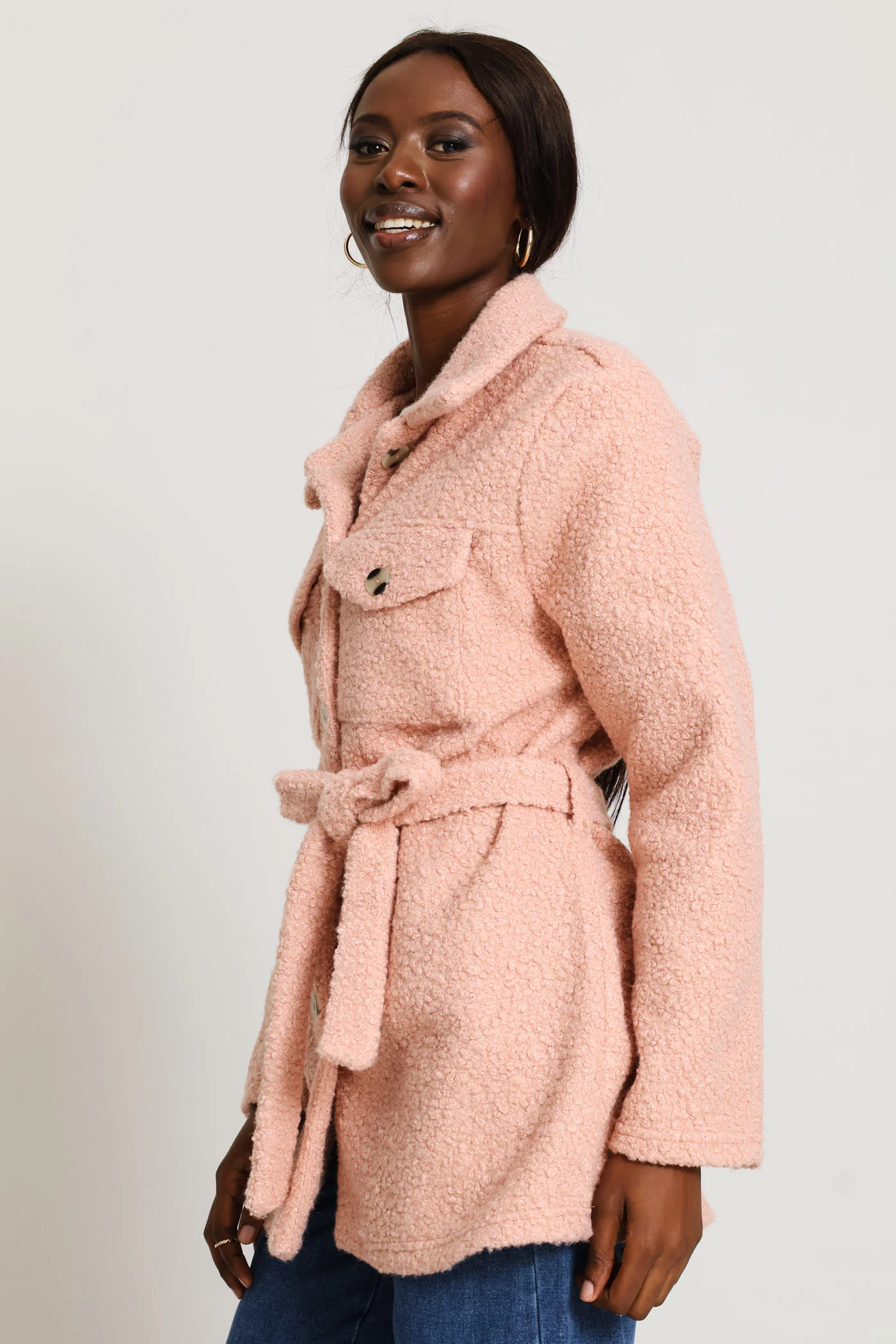 Boucle Belted Utility Shacket - Dusty Rose - Image 5