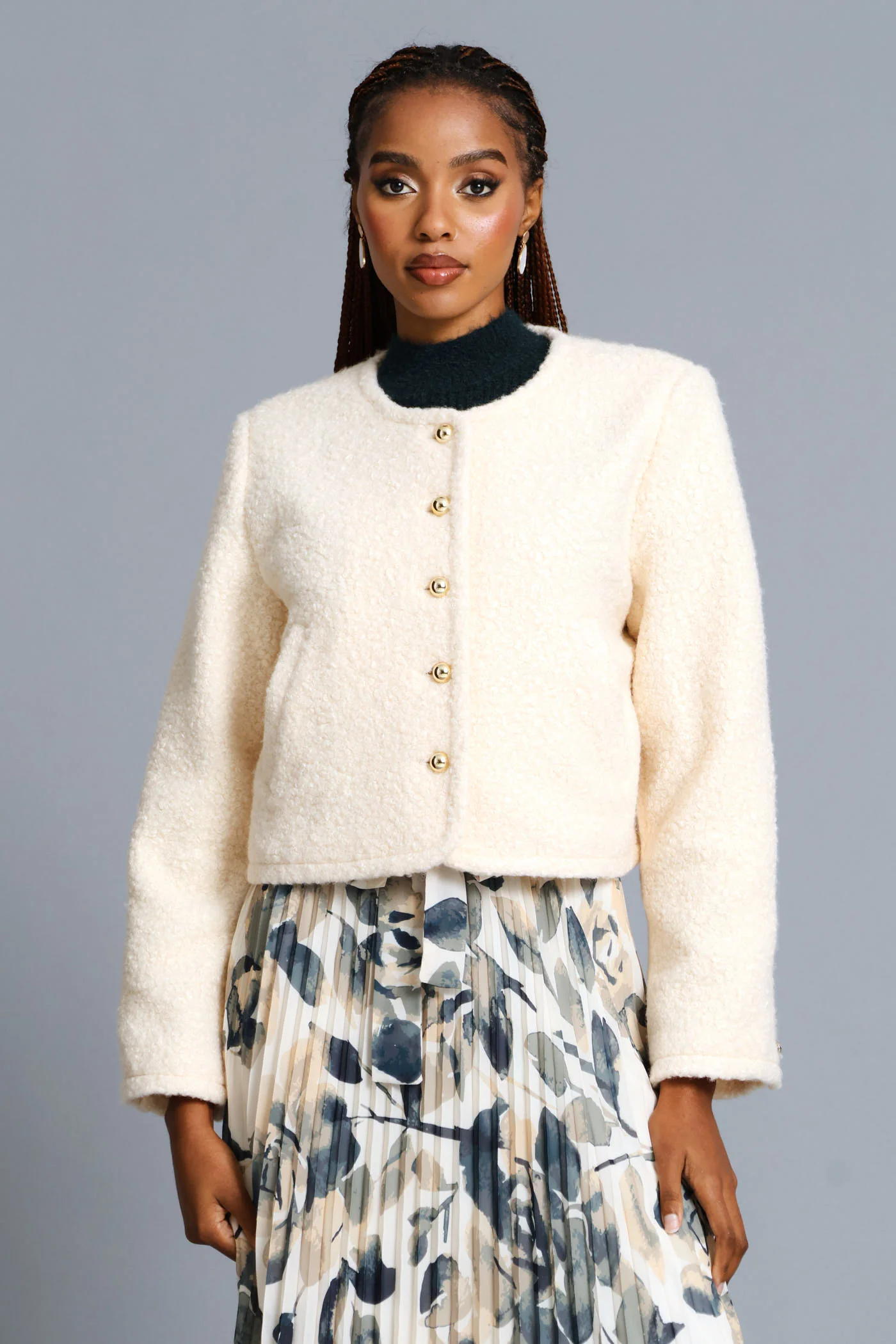 Boucle Button Through Coat - Cream - Image 2