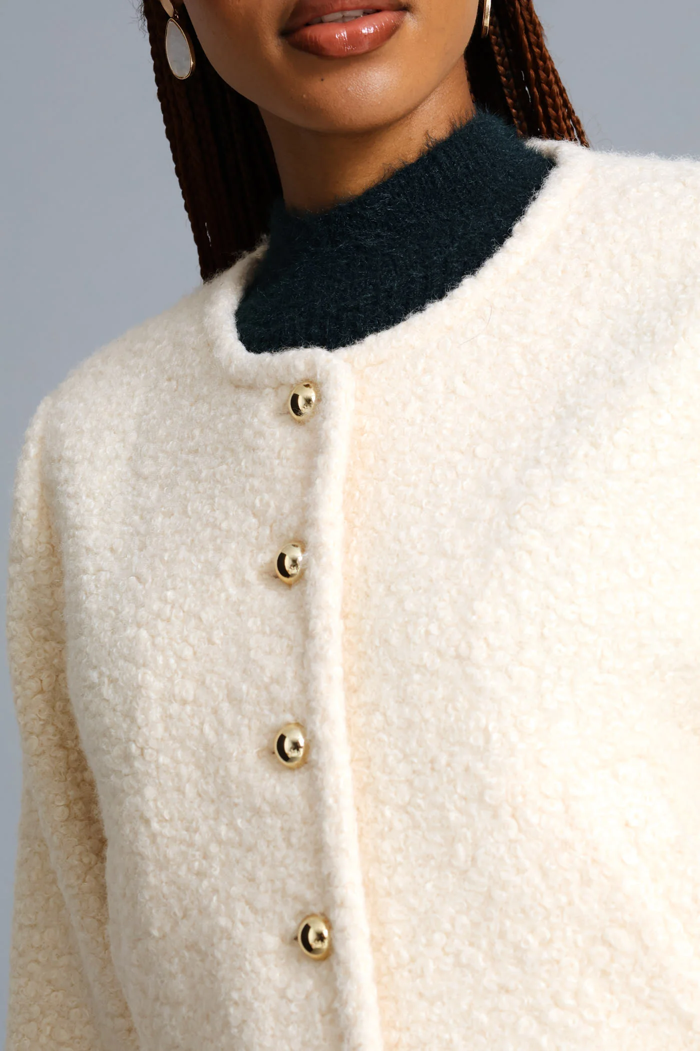 Boucle Button Through Coat - Cream - Image 3