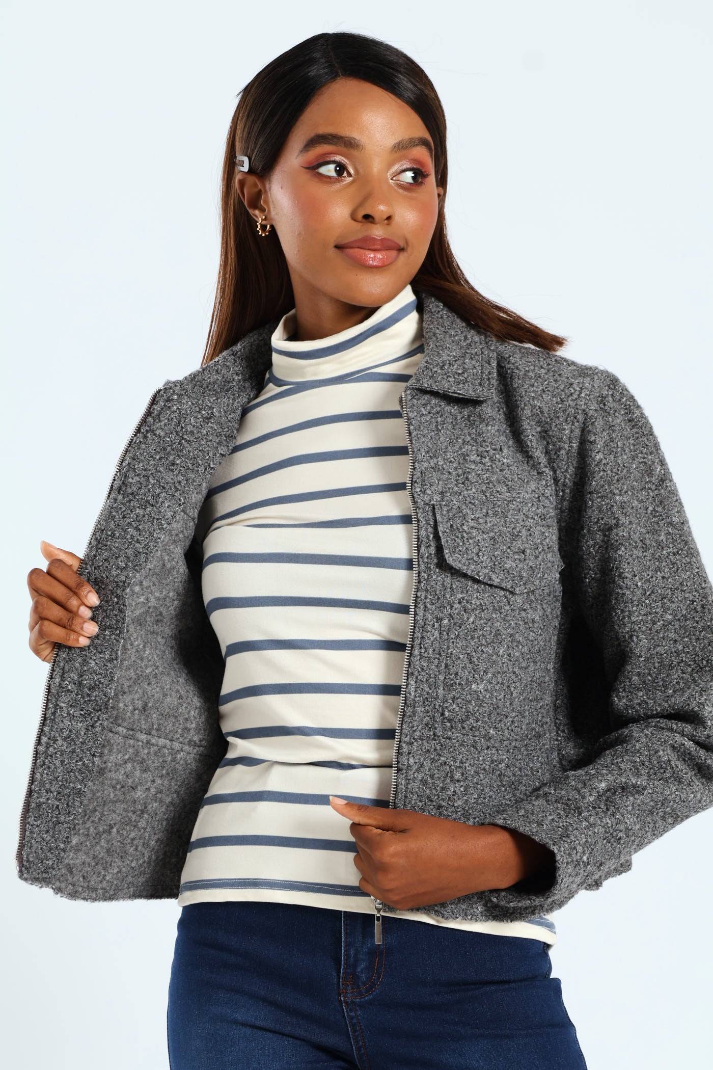 Boucle Zip Through Bomber - Grey Melange - Image 2