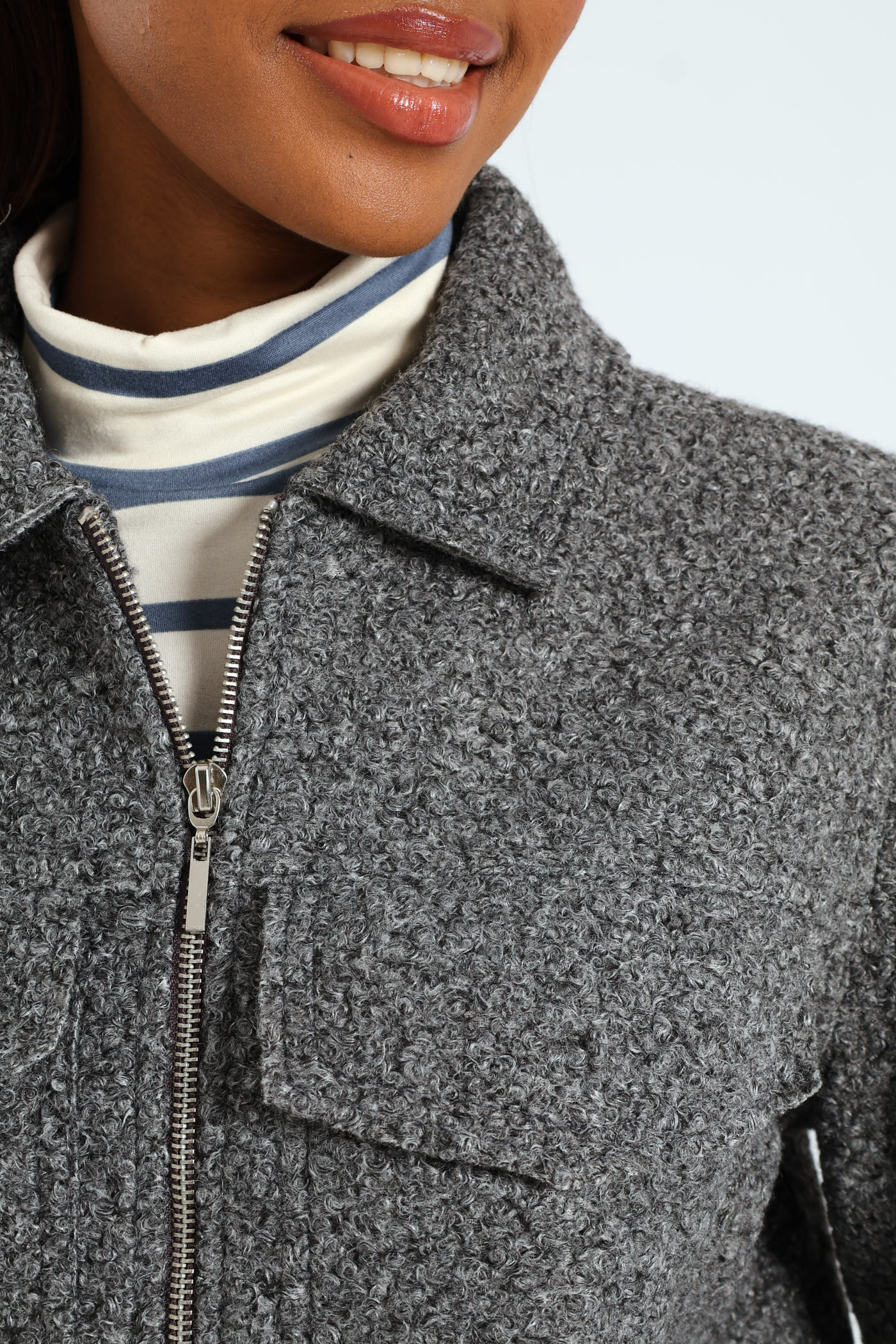 Boucle Zip Through Bomber - Grey Melange - Image 3