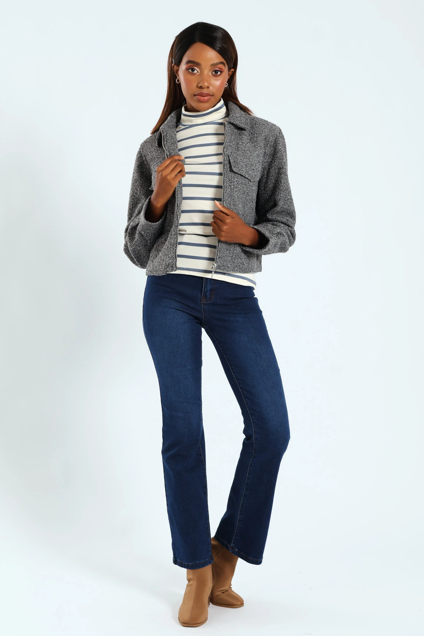 Boucle Zip Through Bomber - Grey Melange - Image 5