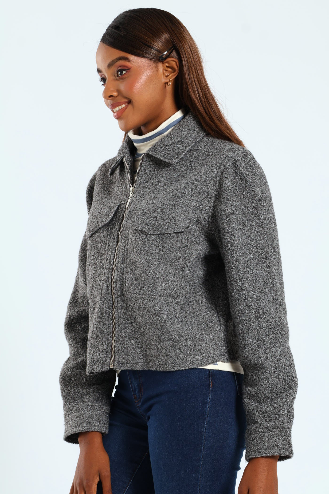 Boucle Zip Through Bomber - Grey Melange - Image 6