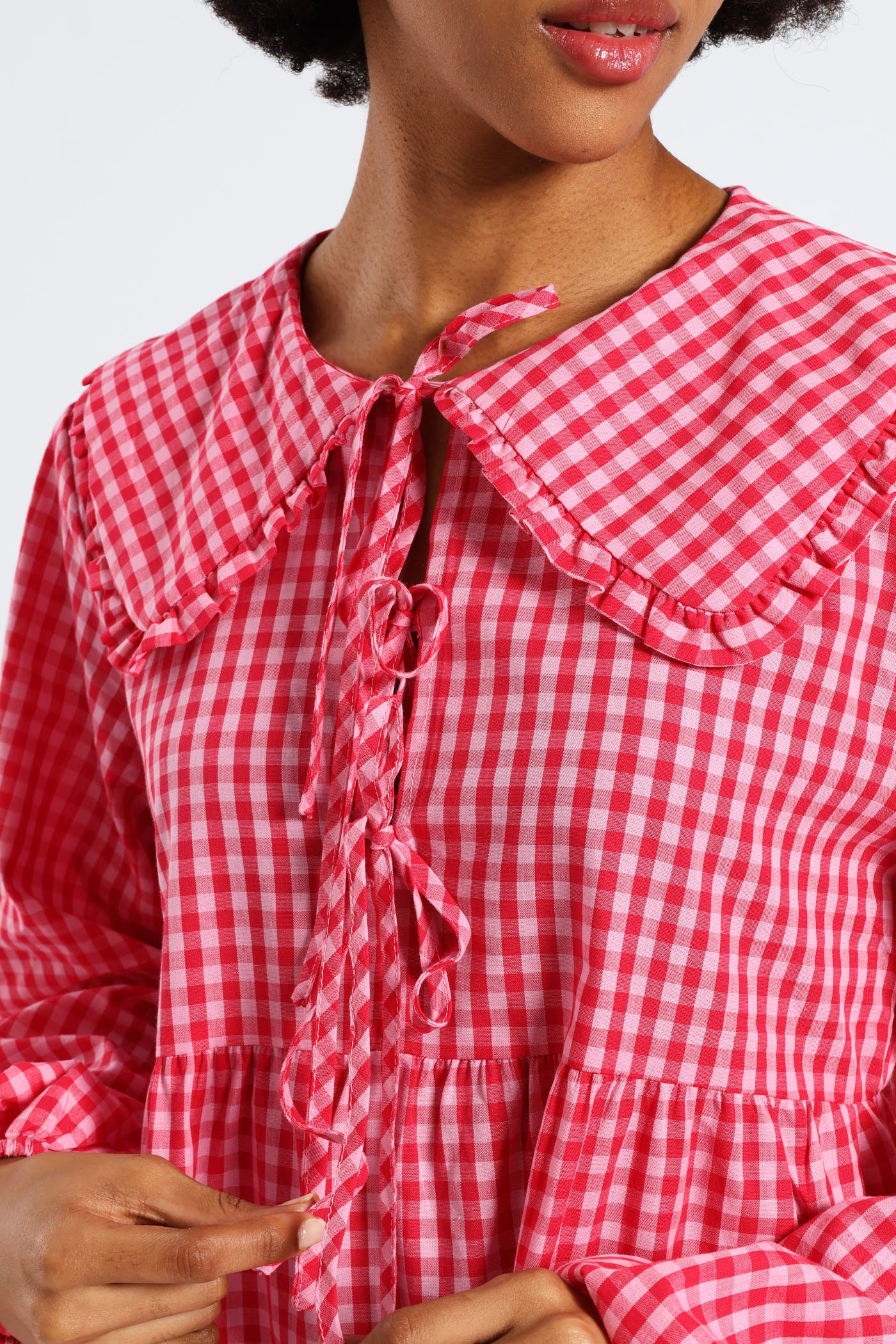 Bow & Collar Gingham Mini Dress - Red - Image 2