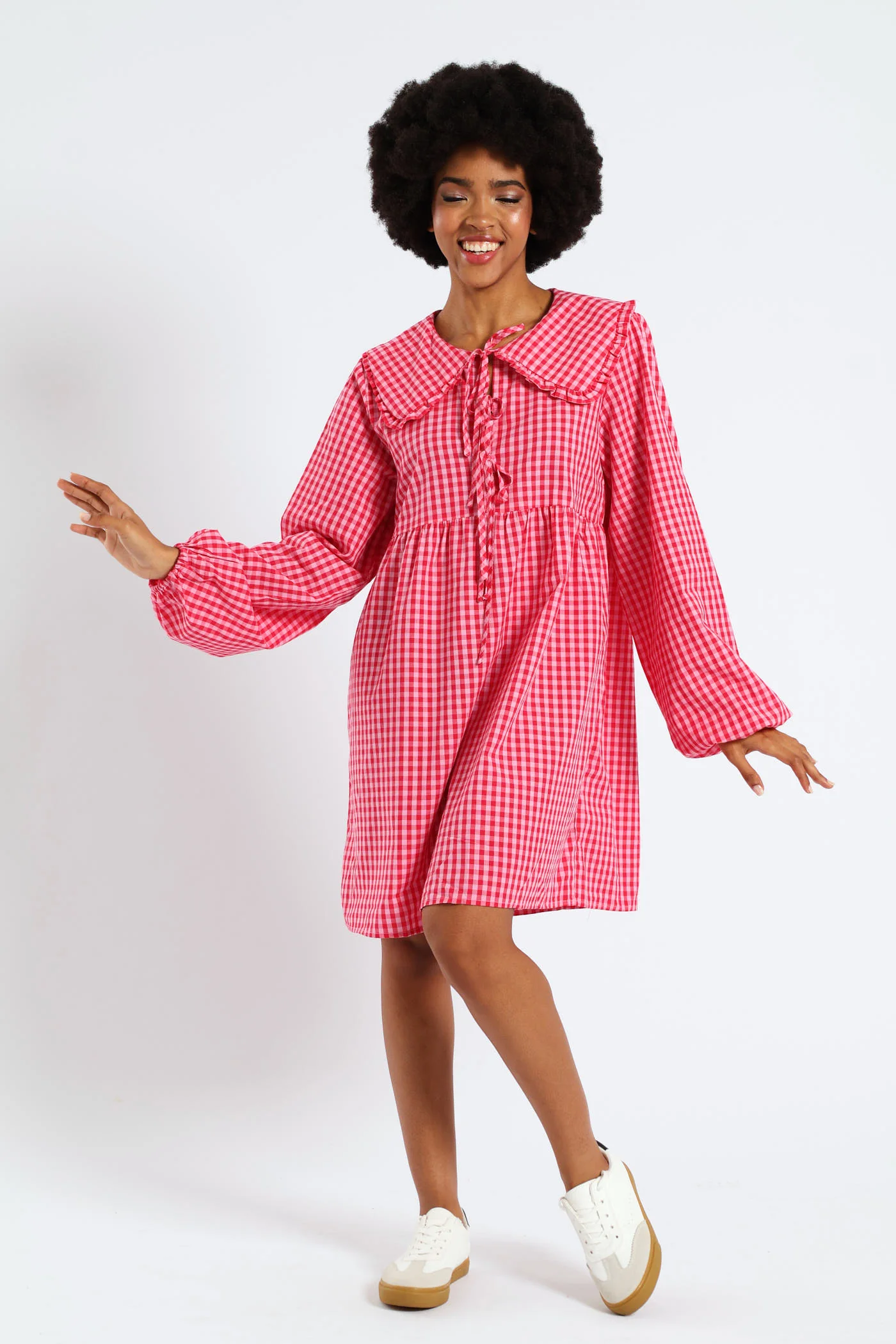 Bow & Collar Gingham Mini Dress - Red - Image 3