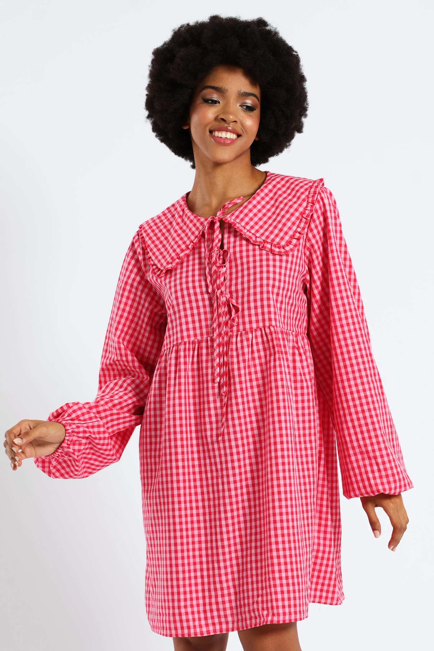 Bow & Collar Gingham Mini Dress - Red - Image 4