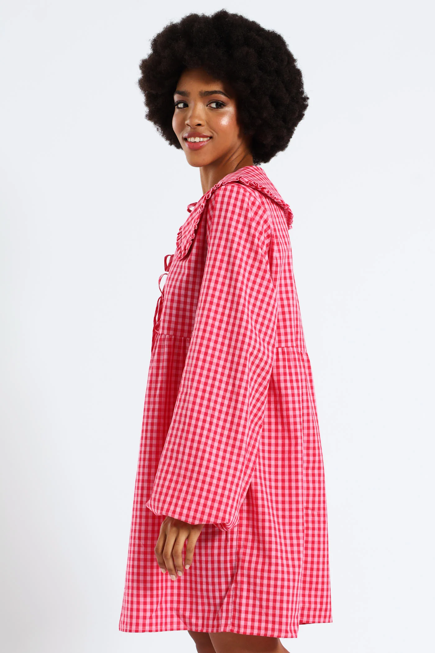 Bow & Collar Gingham Mini Dress - Red - Image 6