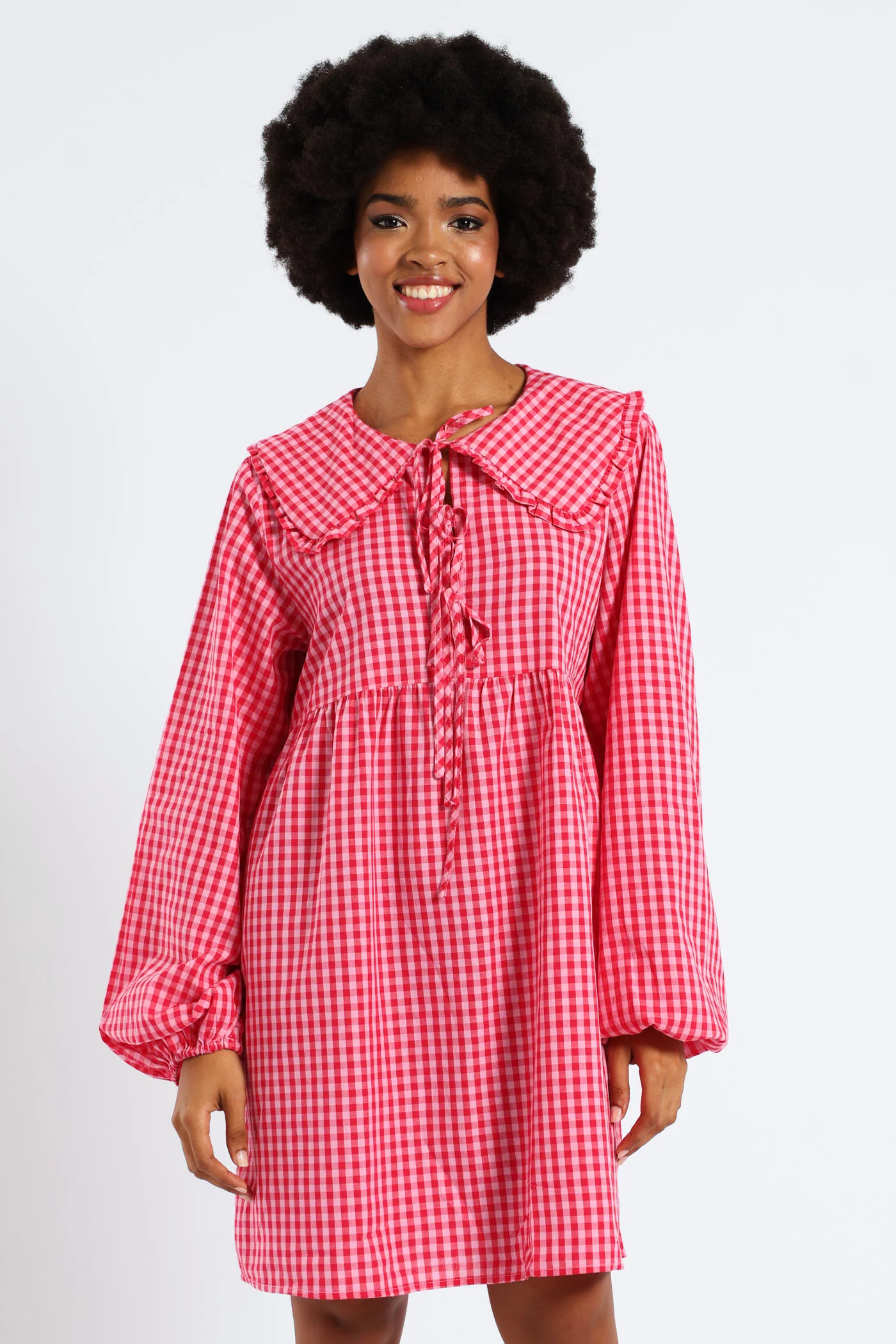 Bow & Collar Gingham Mini Dress - Red - Image 7
