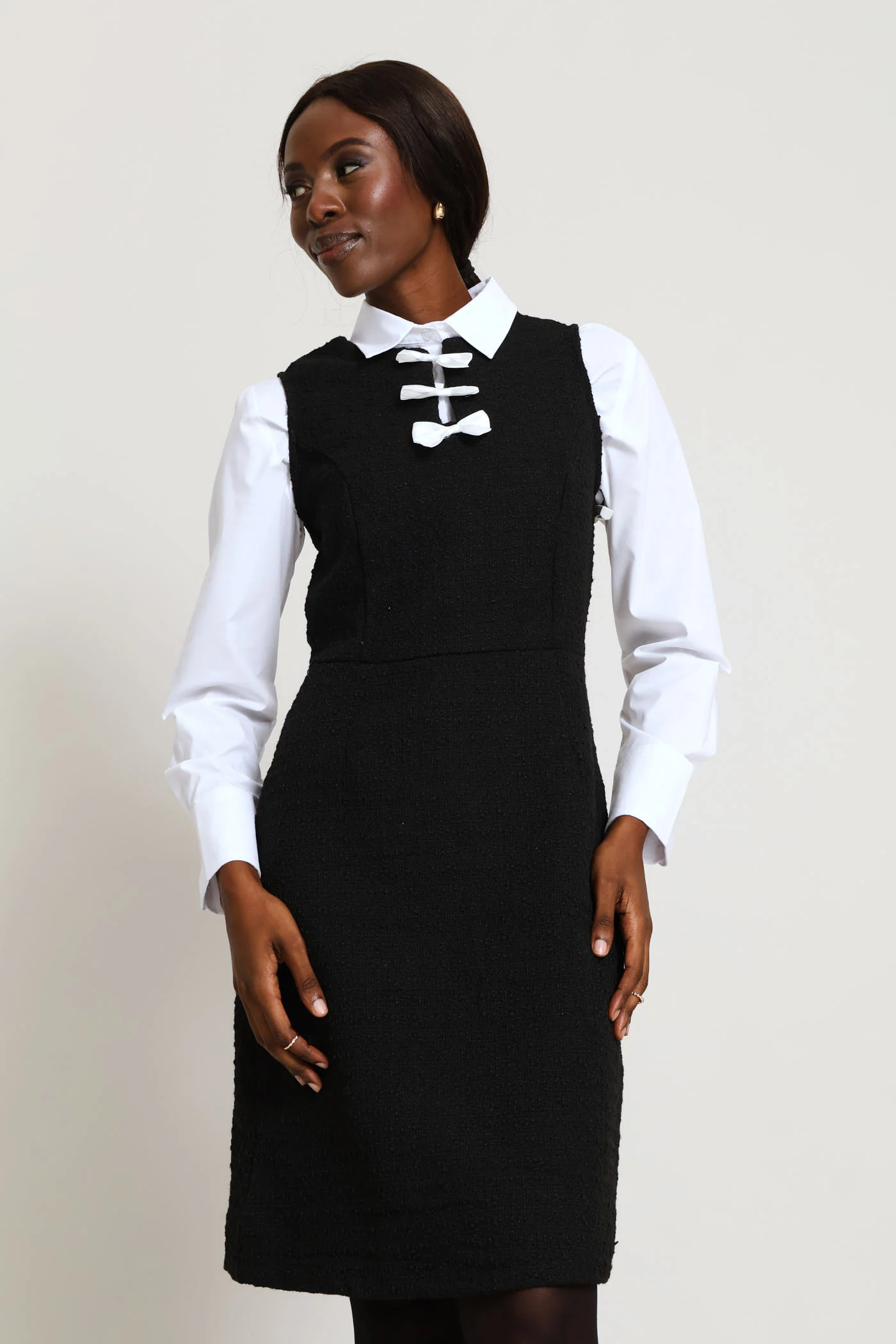 Bow Contrast Tweed Dress - Black - Image 2