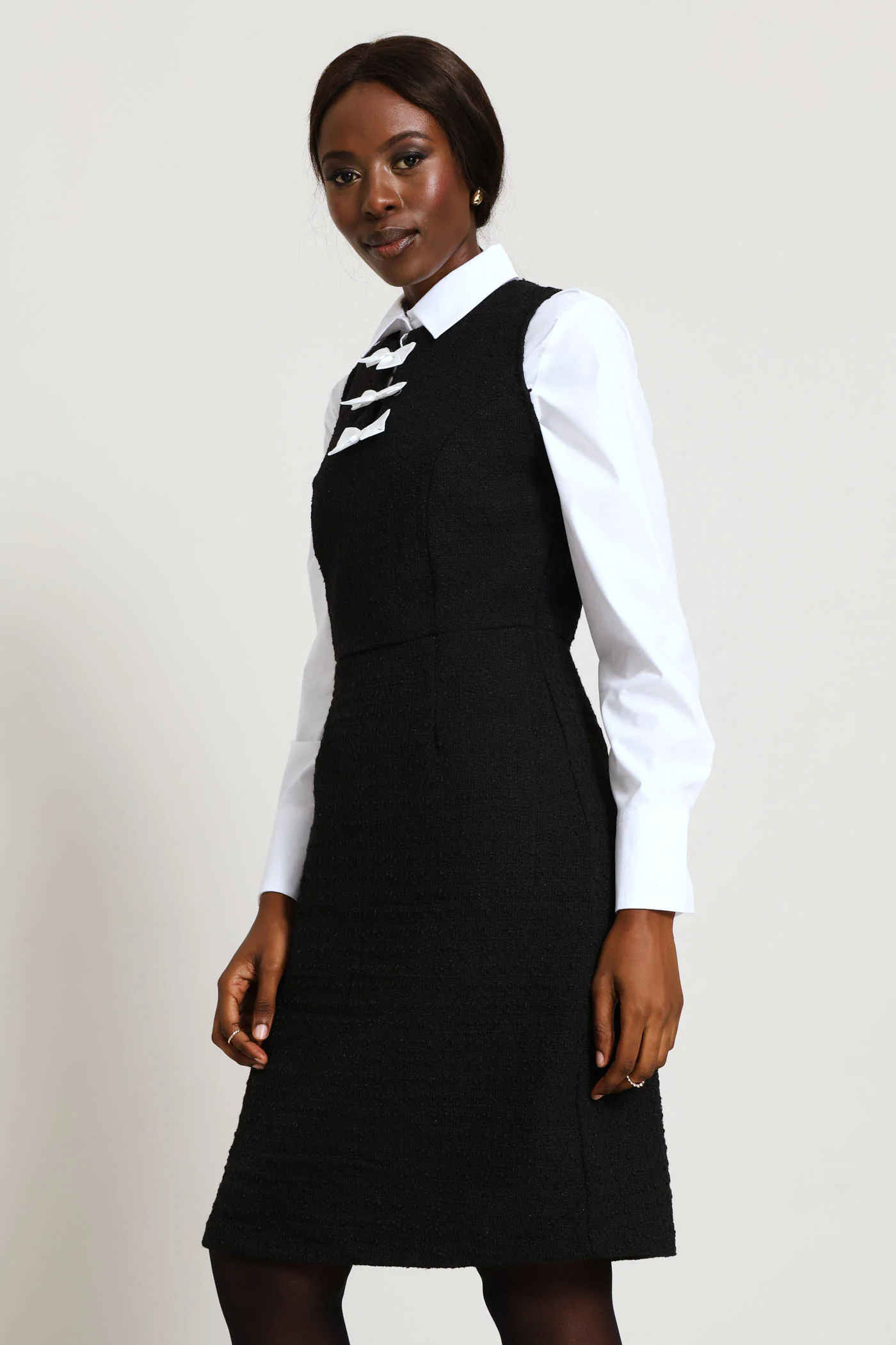 Bow Contrast Tweed Dress - Black - Image 3