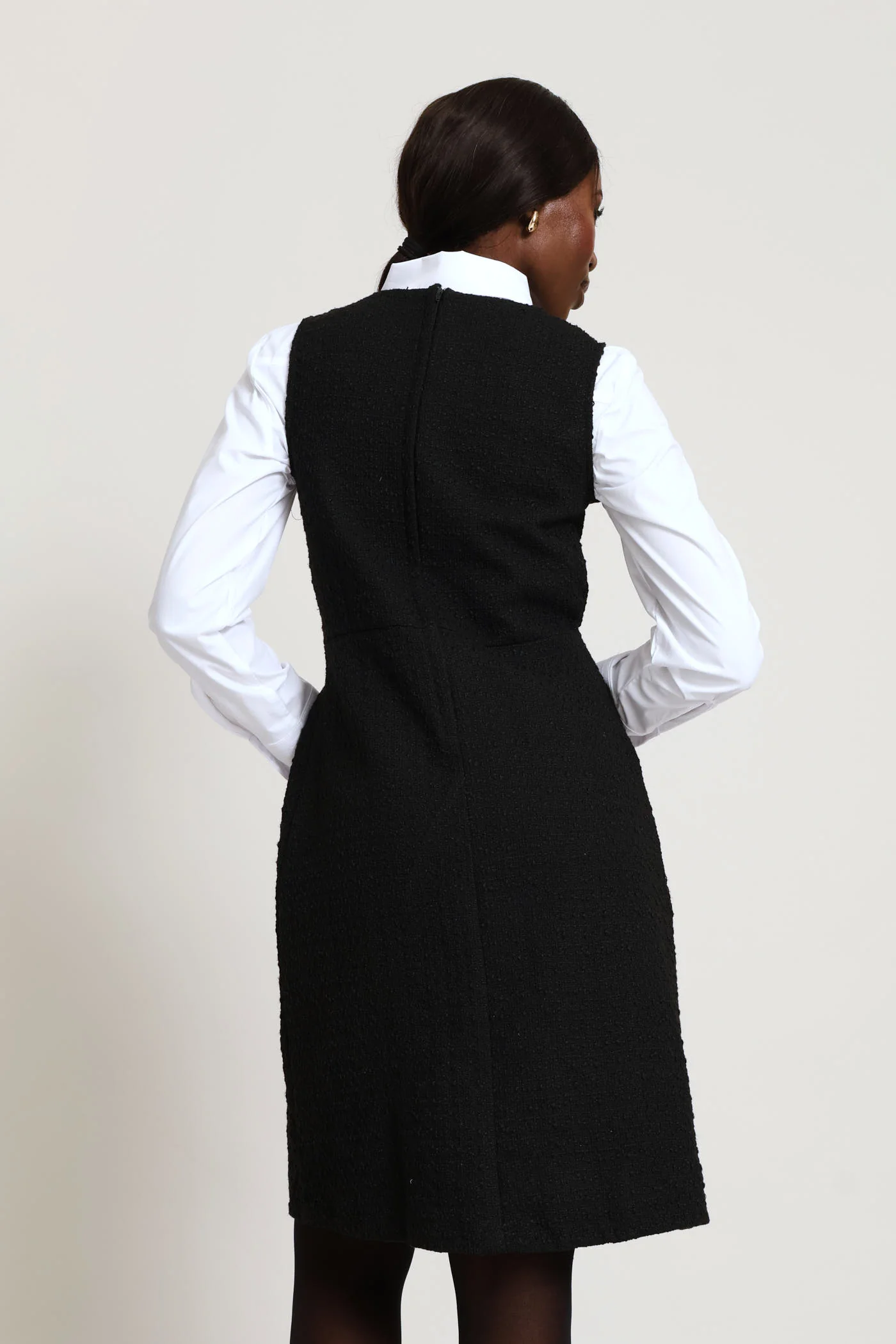 Bow Contrast Tweed Dress - Black - Image 4