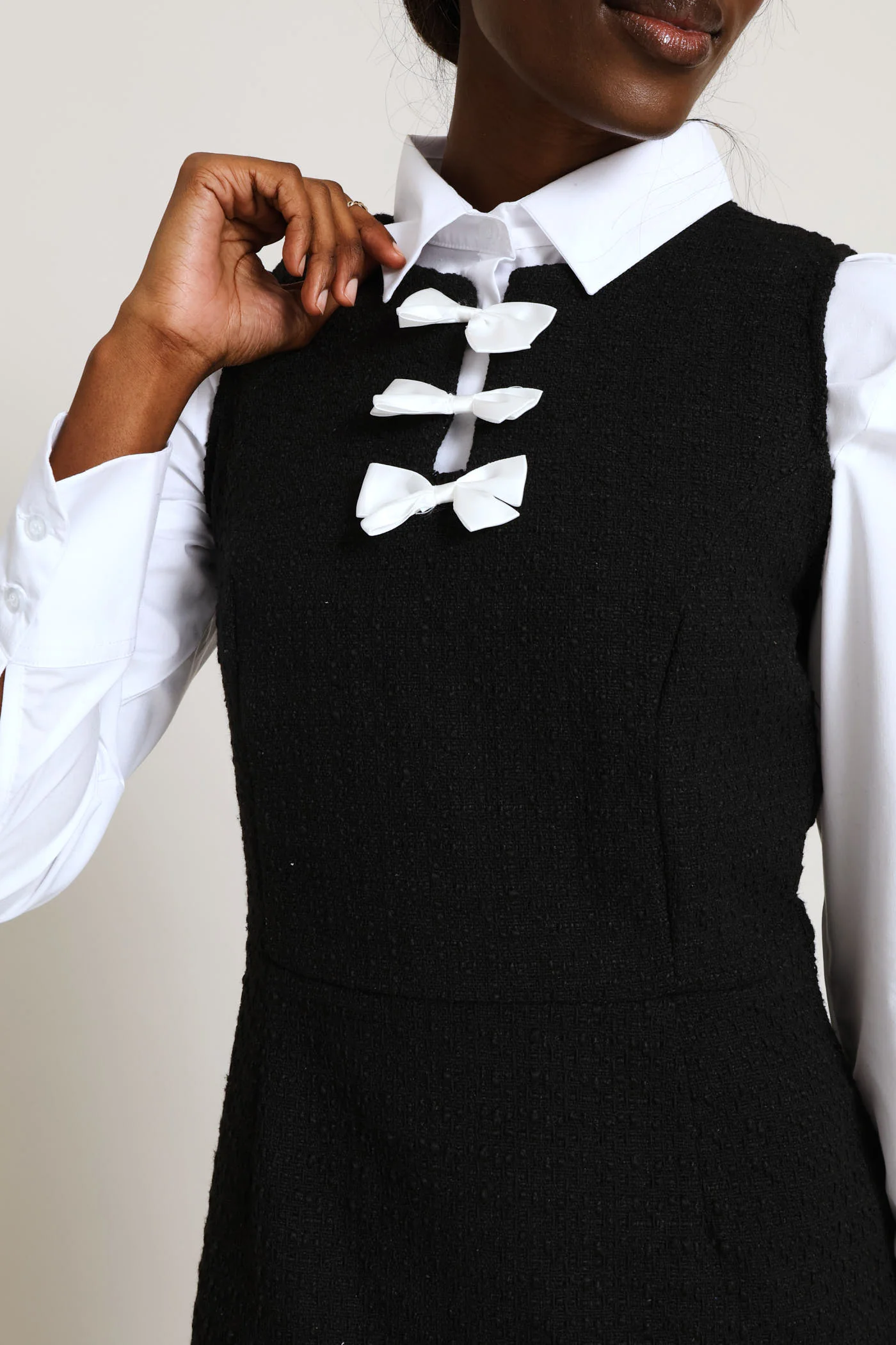 Bow Contrast Tweed Dress - Black - Image 5