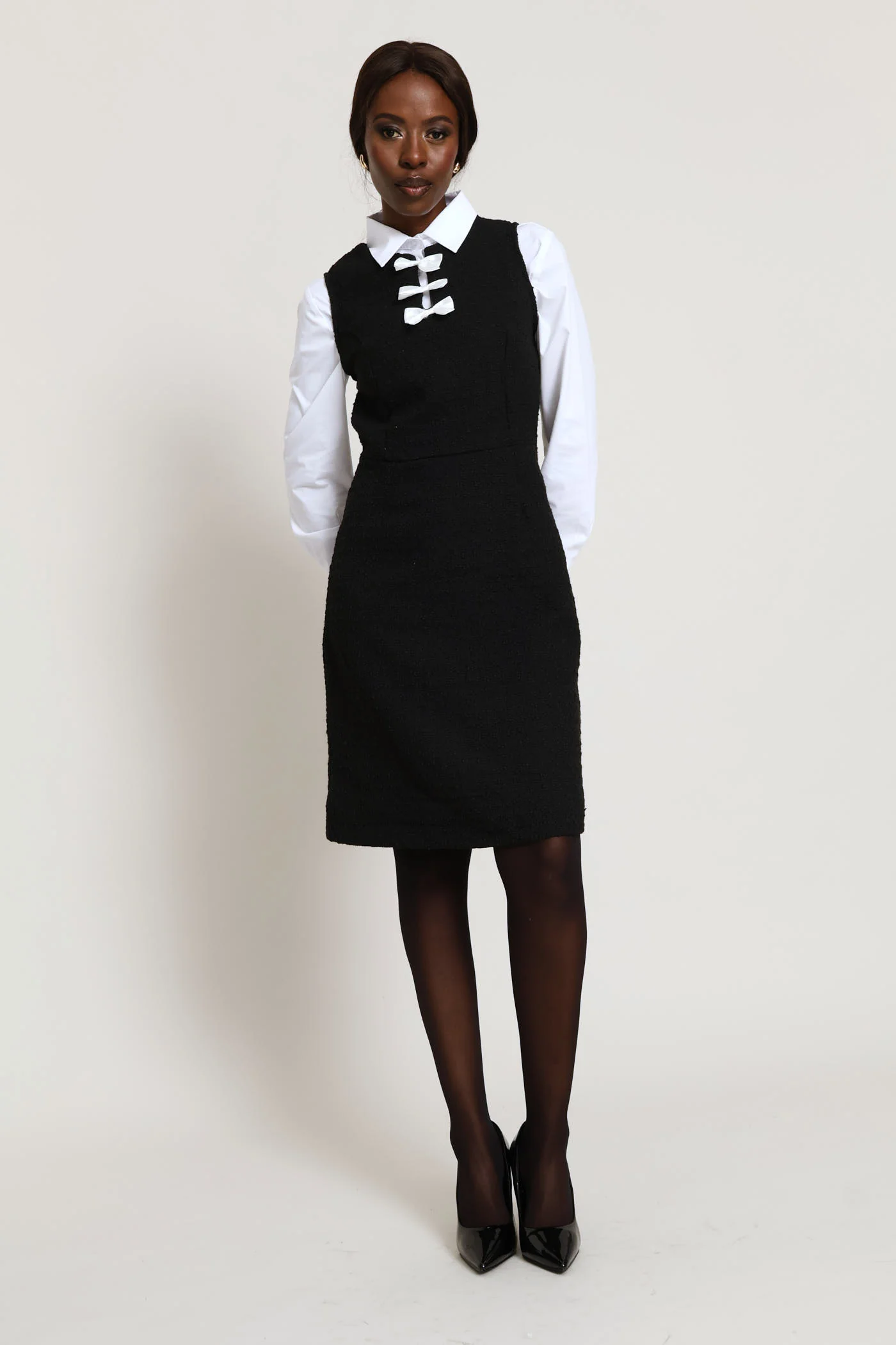 Bow Contrast Tweed Dress - Black - Image 6