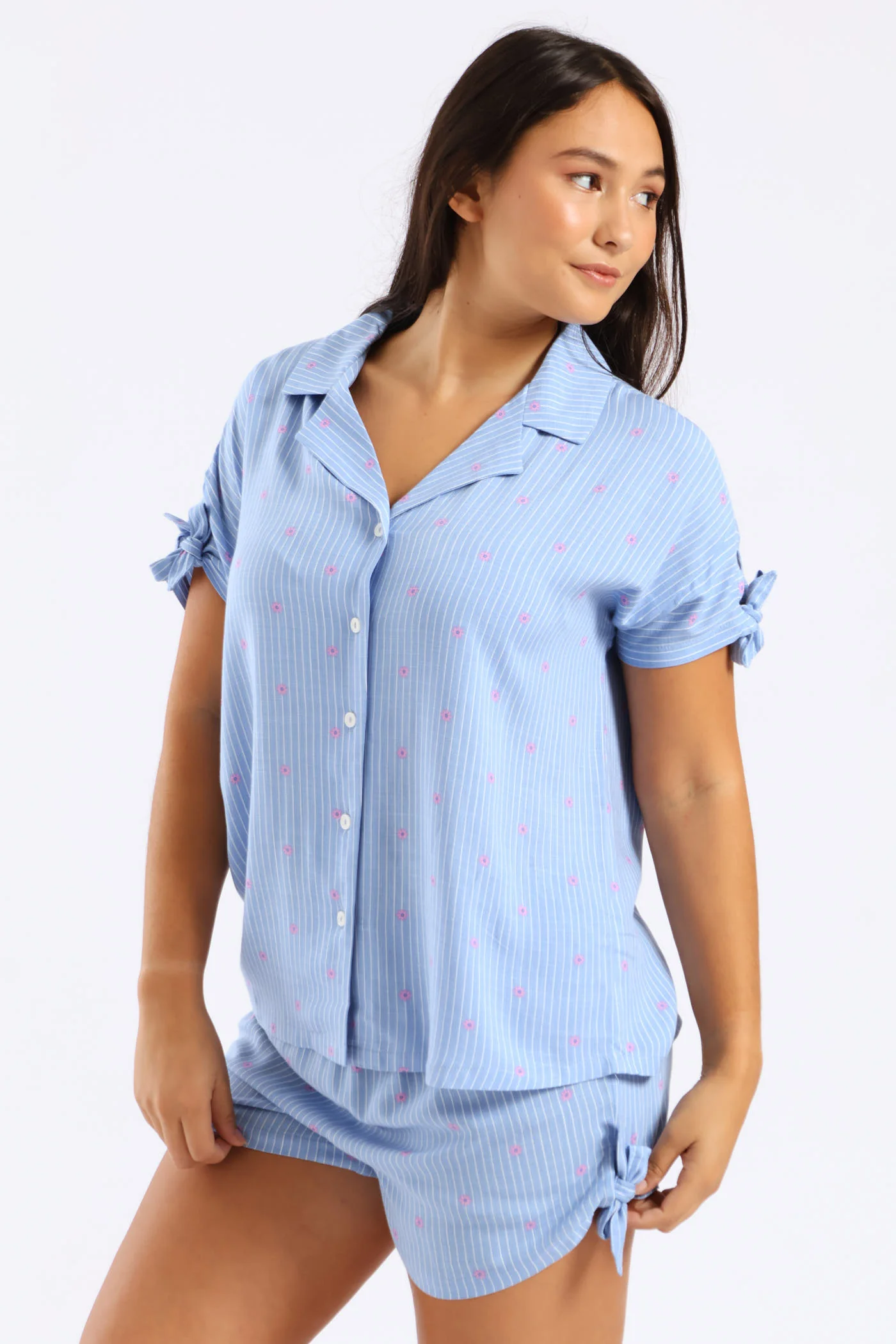 Bow Detail Button Through Linen Blend Set - Blue - Image 3