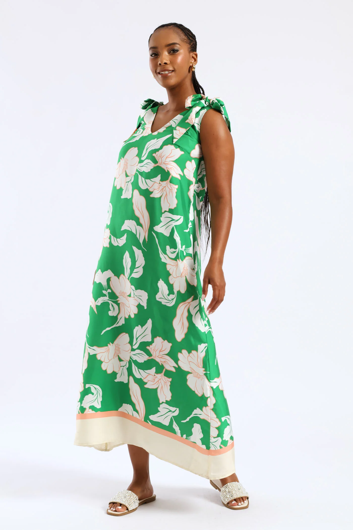 Bow Ties V-Neck Border Print Midaxi Dress - White/Green - Image 2