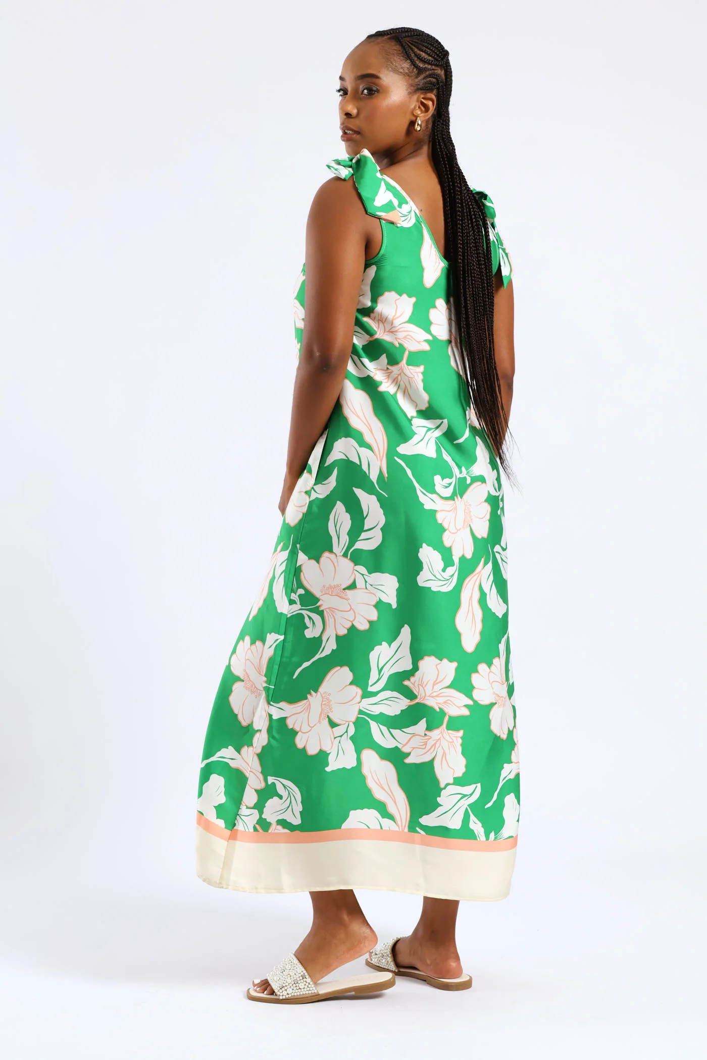 Bow Ties V-Neck Border Print Midaxi Dress - White/Green - Image 5