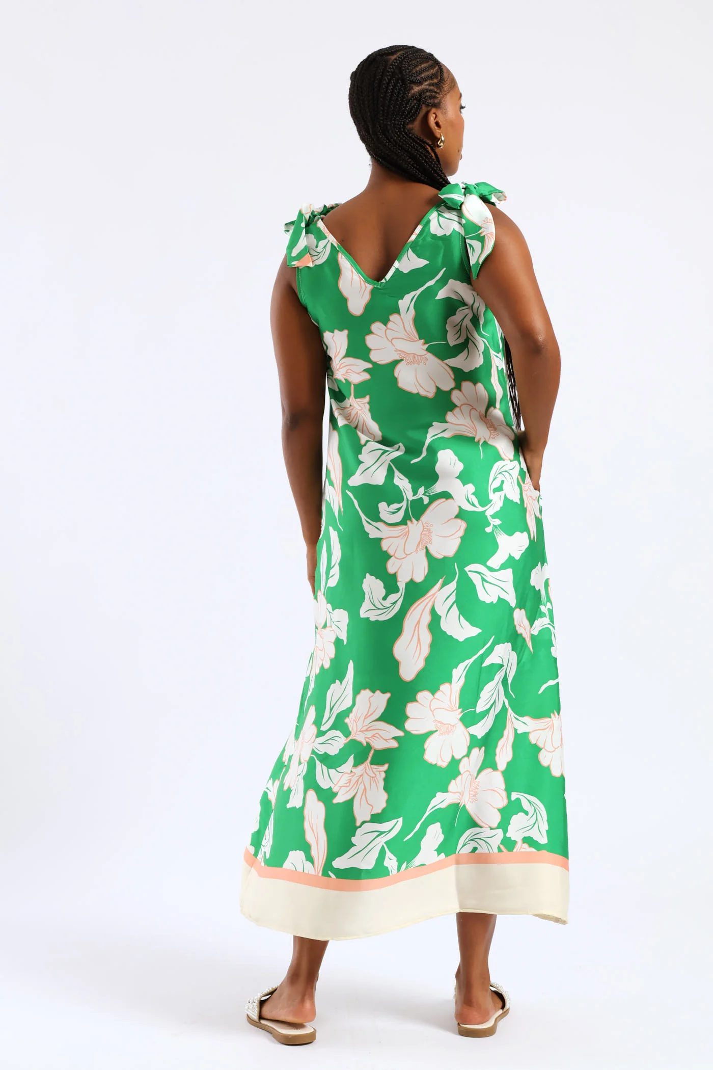 Bow Ties V-Neck Border Print Midaxi Dress - White/Green - Image 6
