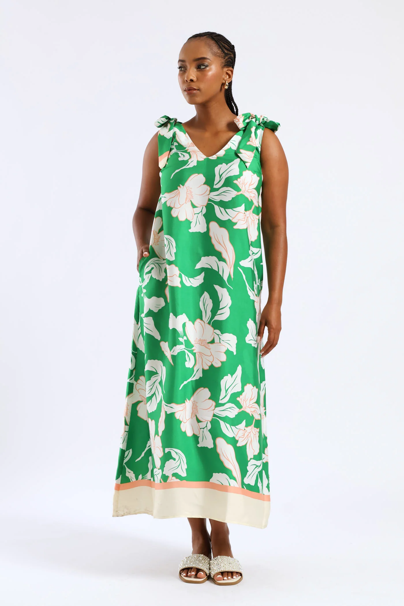 Bow Ties V-Neck Border Print Midaxi Dress - White/Green - Image 7