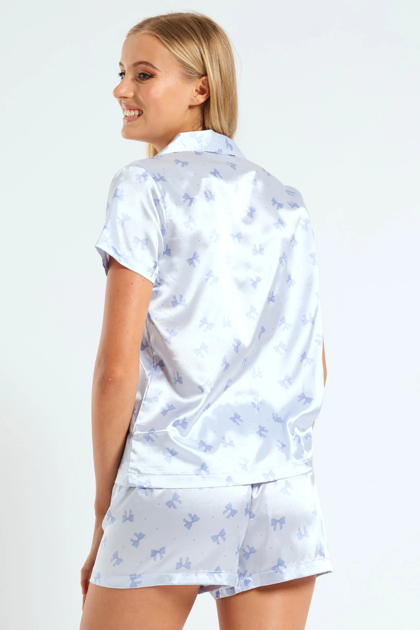 Bows & Spots Satin Button Through & Short Set - Blue - Image 3
