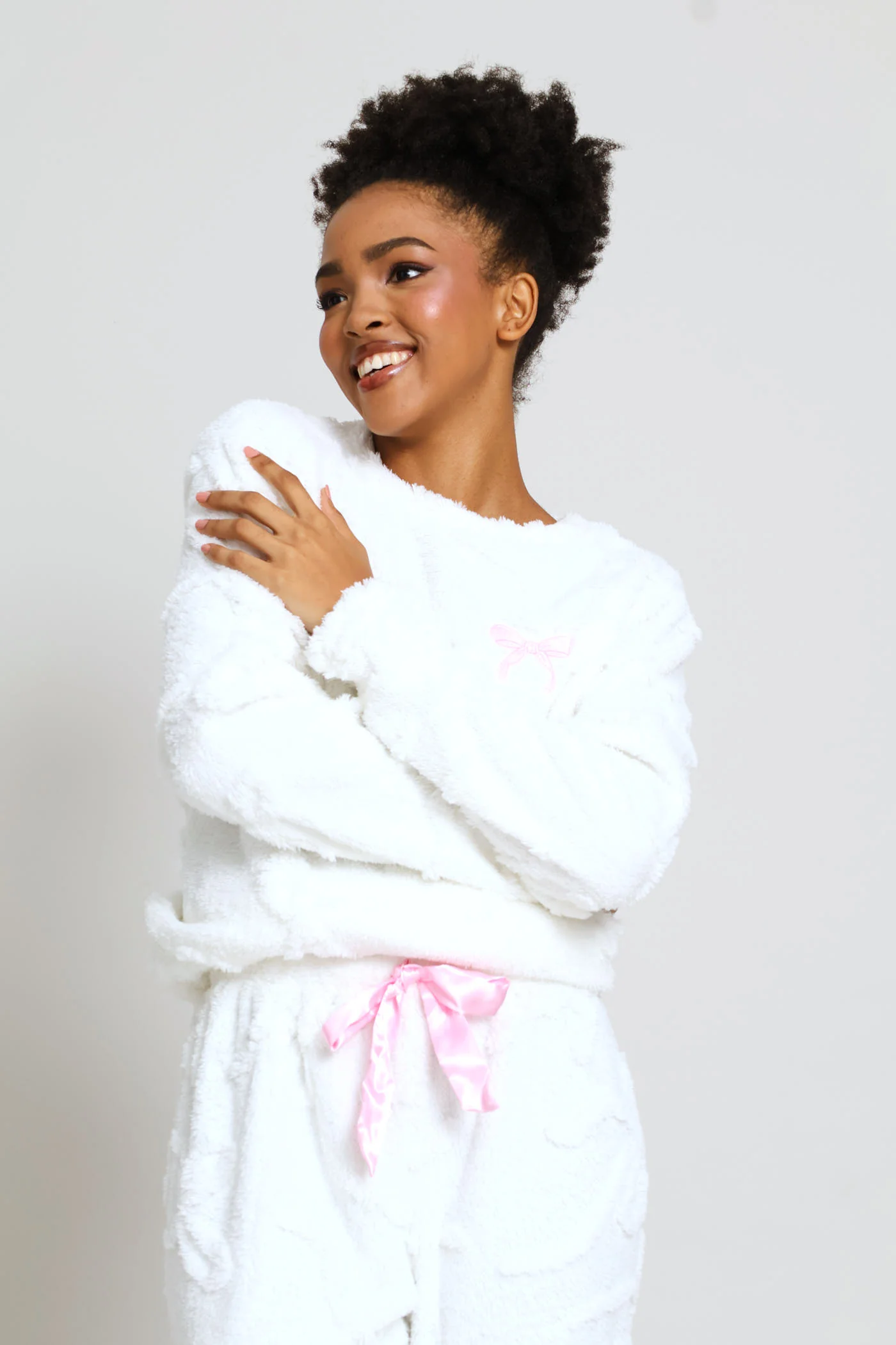 Bows Embossed Polar Fleece Long Sleeve Top & Pant Set - Cream - Image 2