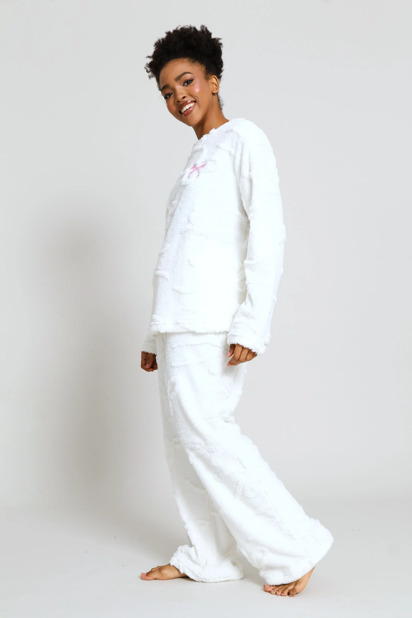 Bows Embossed Polar Fleece Long Sleeve Top & Pant Set - Cream - Image 4