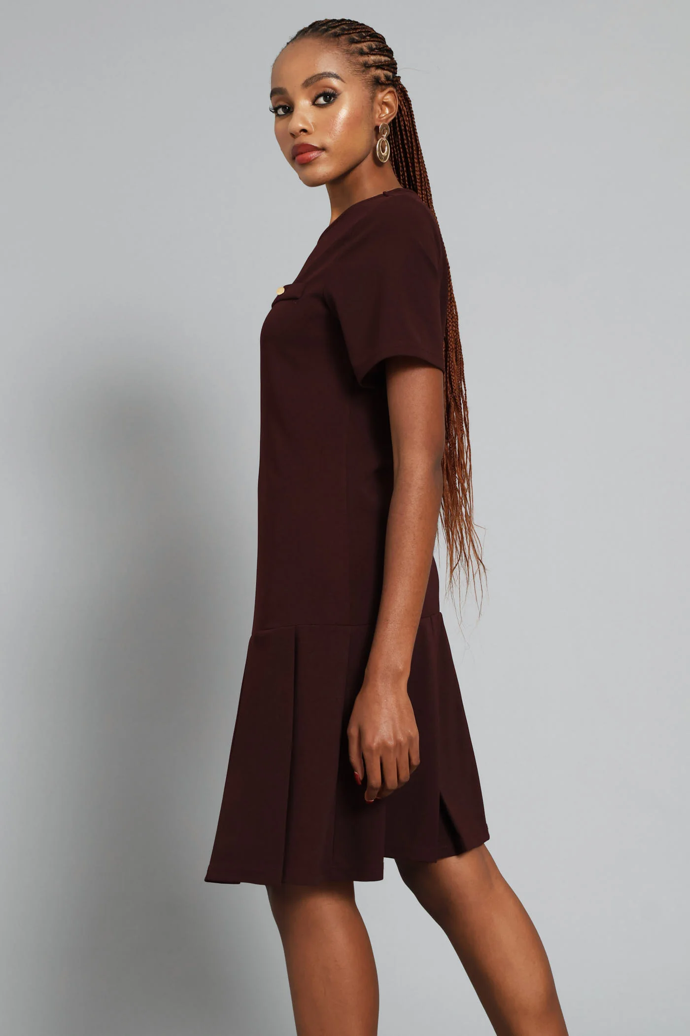 Box Pleated Hem Shift Dress - Burgundy - Image 3