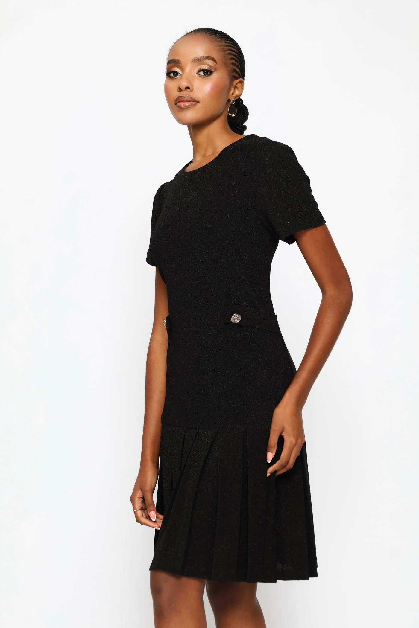 Box Pleated Shimmer Shift Dress - Black - Image 3