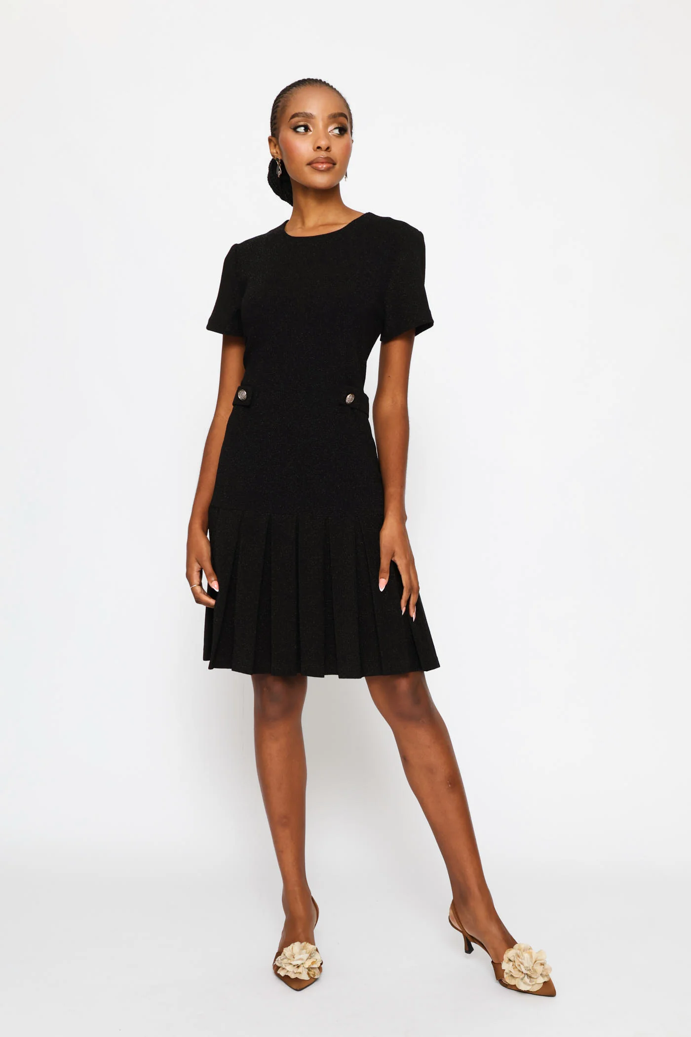 Box Pleated Shimmer Shift Dress - Black - Image 5
