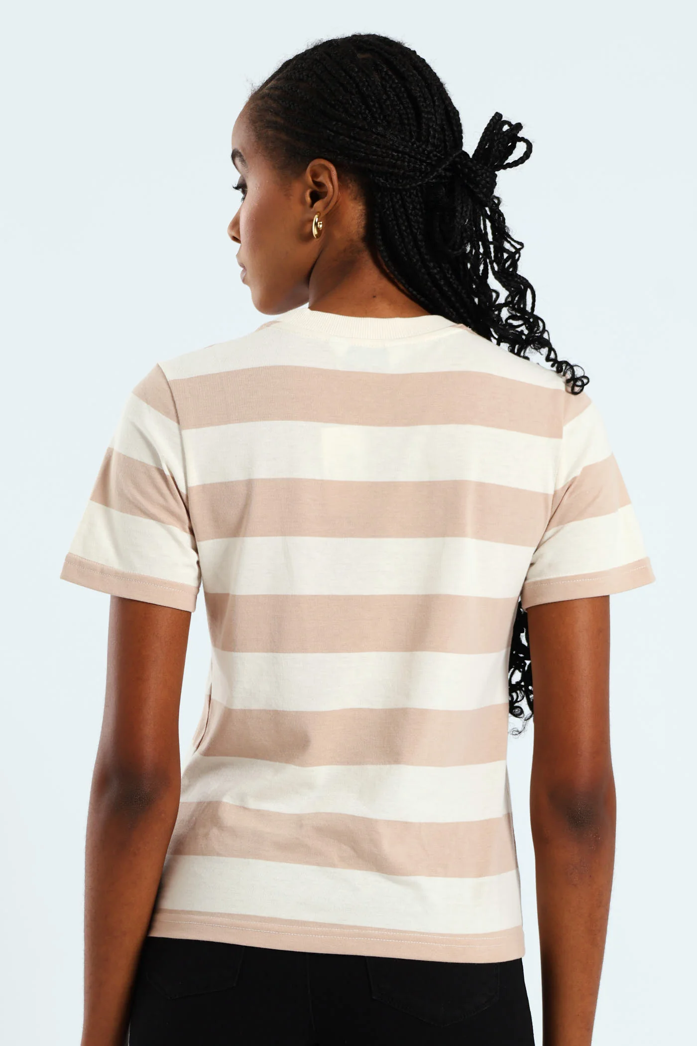 Boxy Bold Stripe Tee With Plain Rib Neck Detail - Taupe/Cream - Image 2
