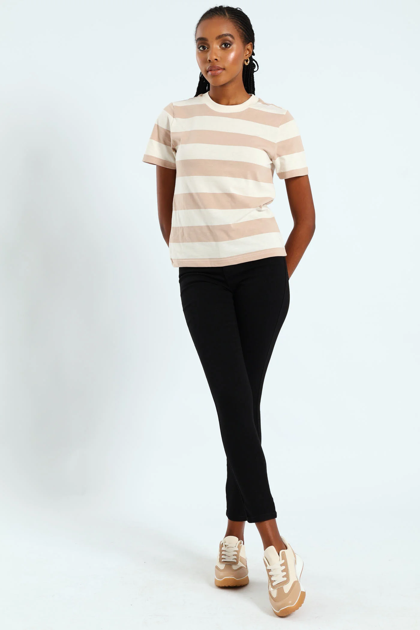 Boxy Bold Stripe Tee With Plain Rib Neck Detail - Taupe/Cream - Image 3