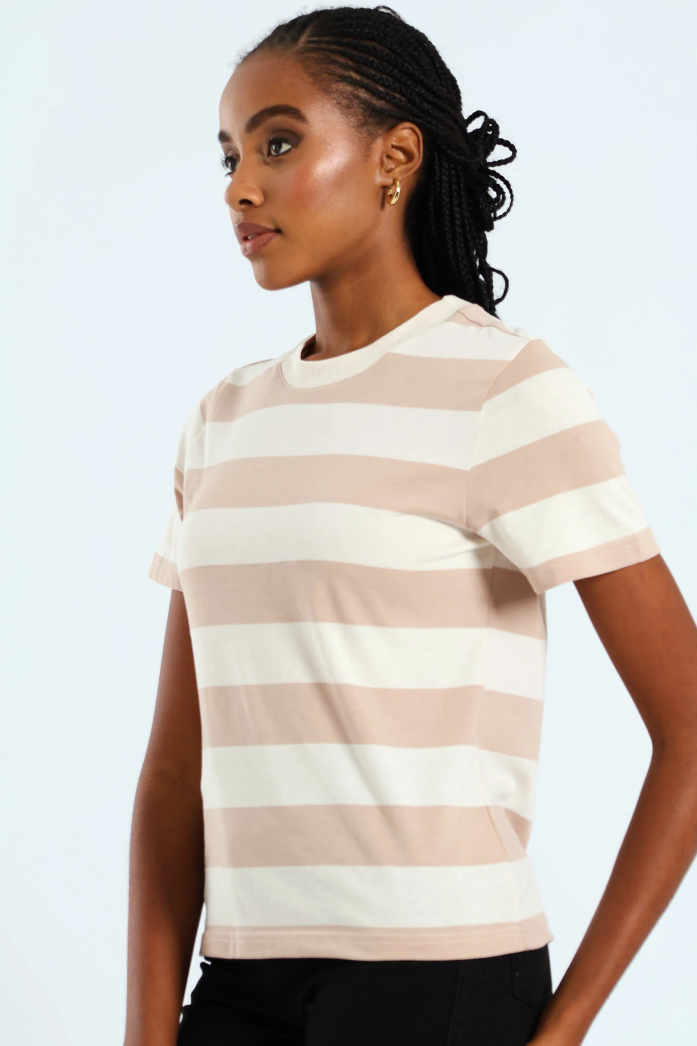 Boxy Bold Stripe Tee With Plain Rib Neck Detail - Taupe/Cream - Image 4