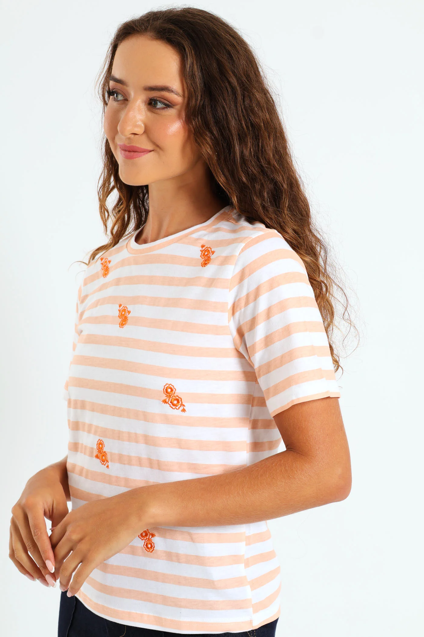 Boxy Embroidered Flowers Stripe Tee - Peach - Image 2