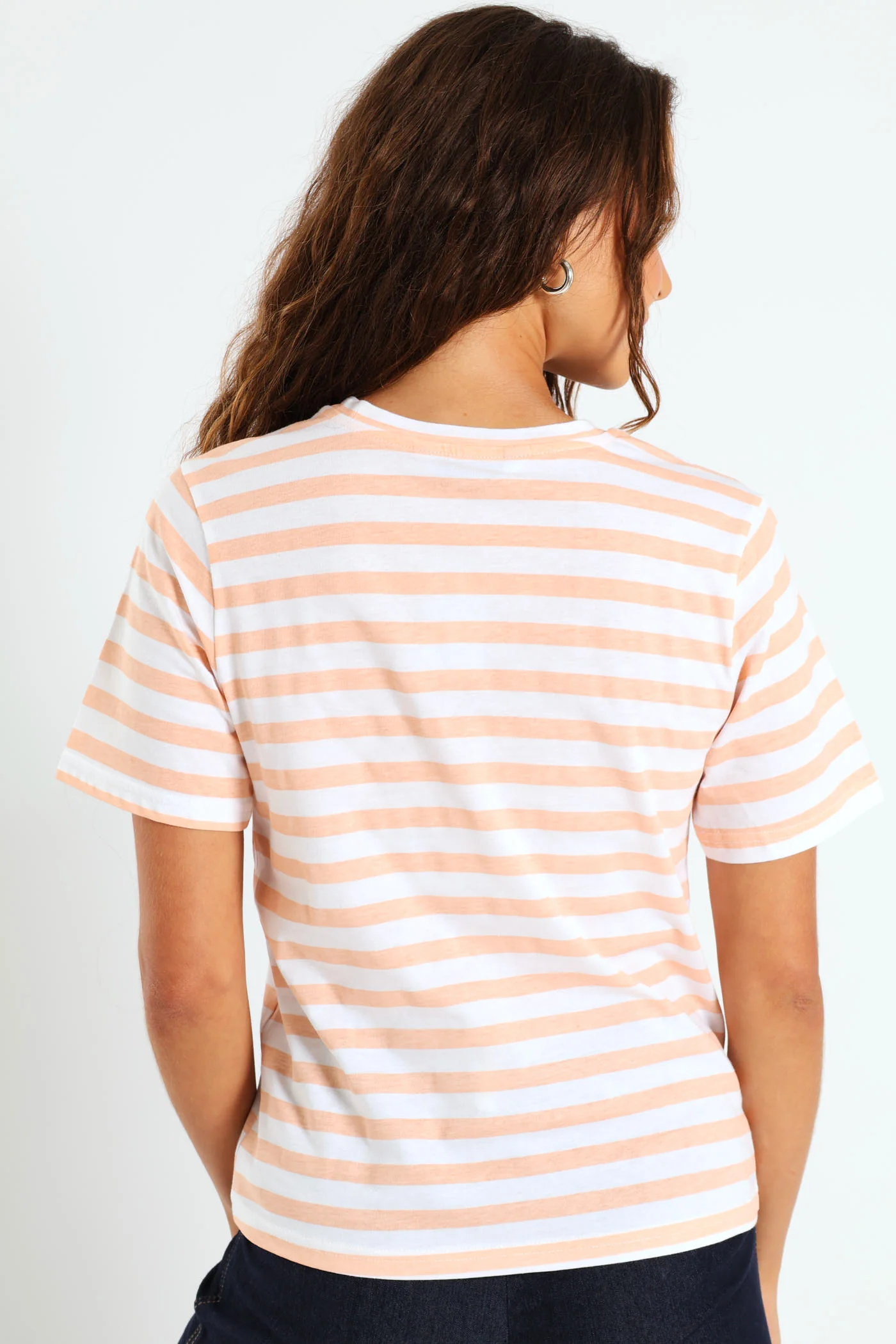 Boxy Embroidered Flowers Stripe Tee - Peach - Image 3