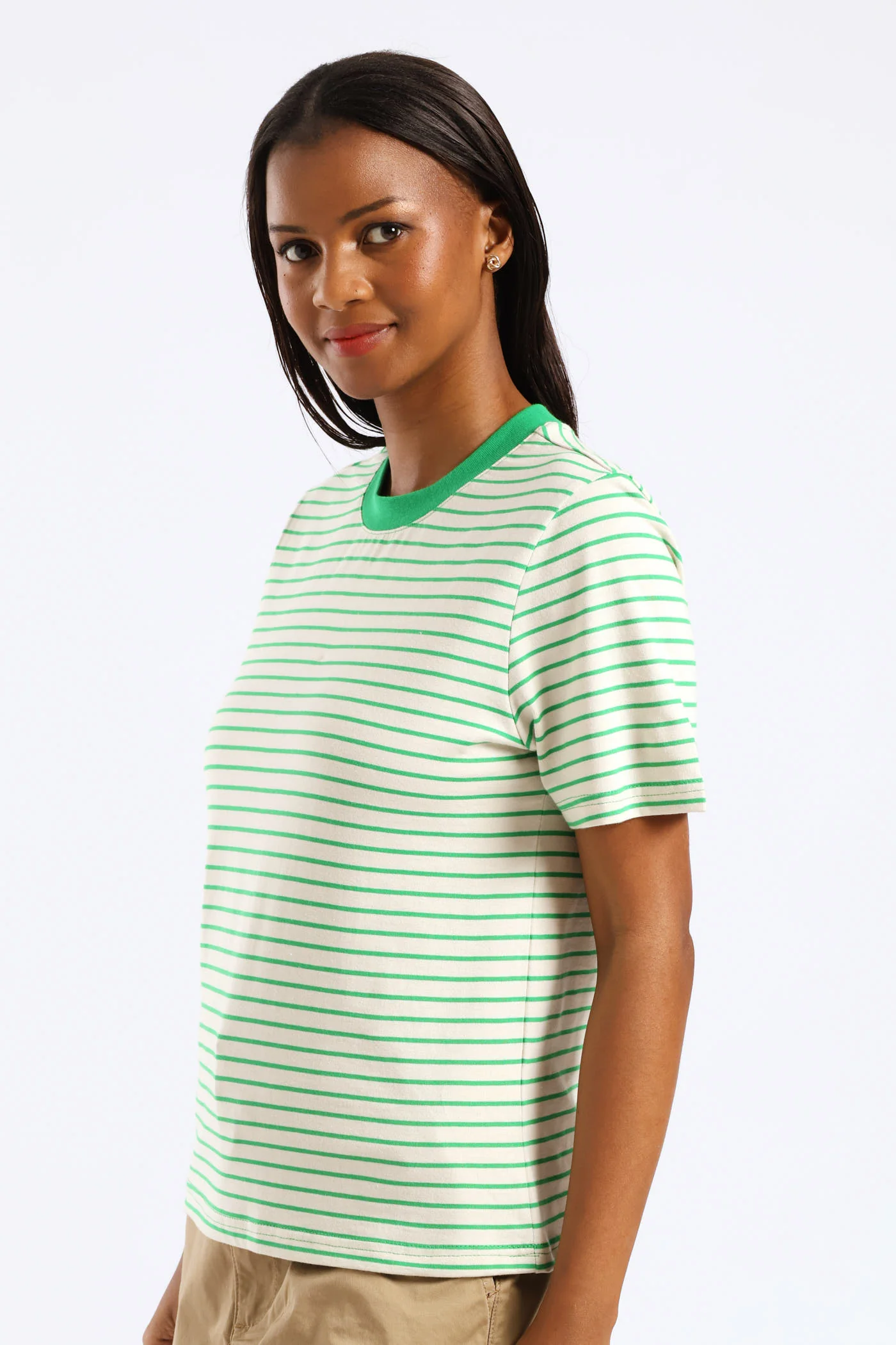 Boxy Plain Rib Neck Skinny Stripe Tee - Cream/Green - Image 2